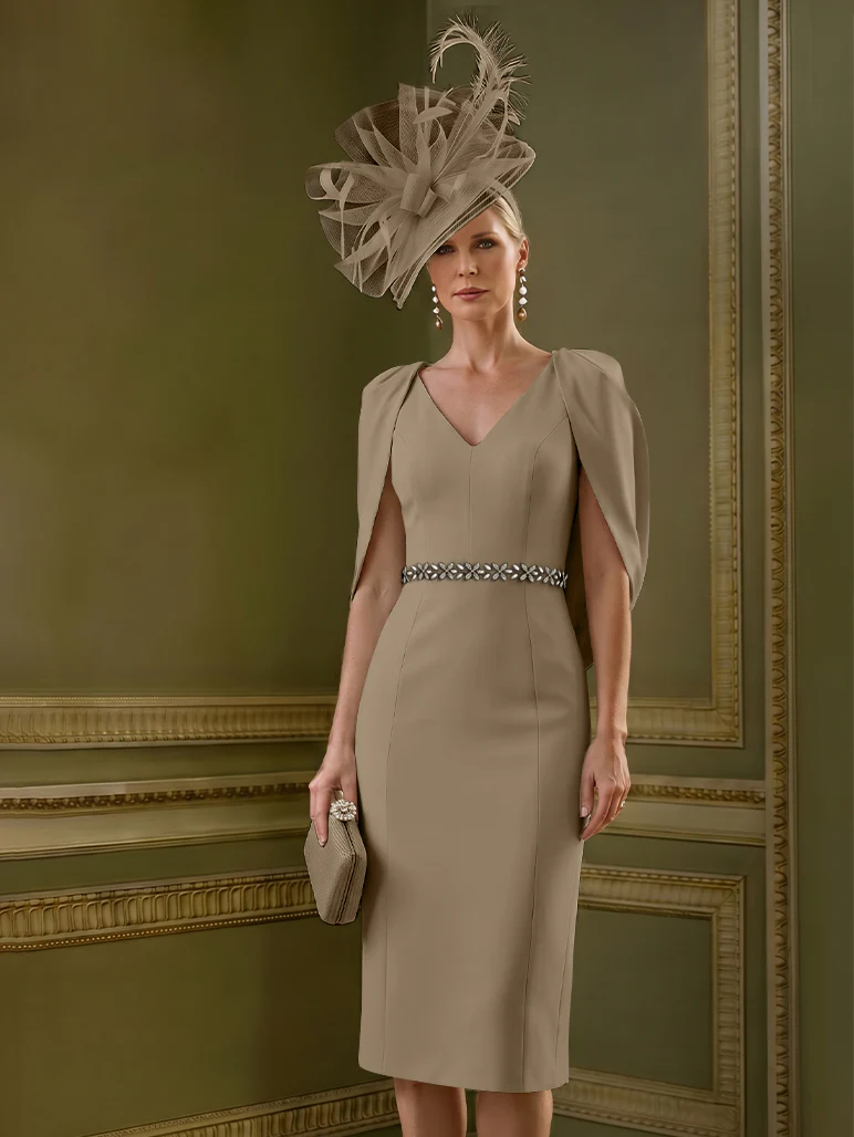 Sheath/Column Knee-Length V-Neck Mother of the Bride Dresses with Cape - Image 5