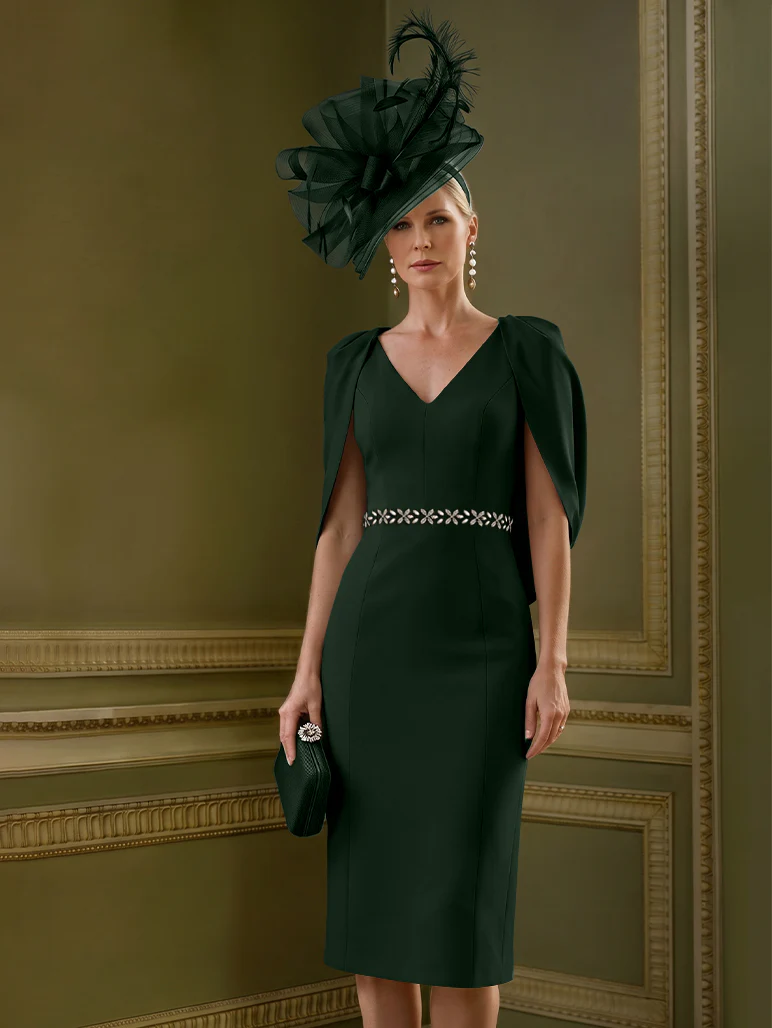 Sheath/Column Knee-Length V-Neck Mother of the Bride Dresses with Cape - Image 7