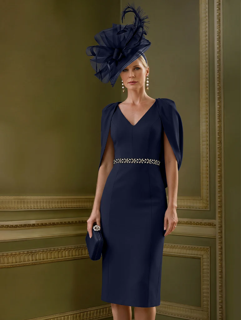 Sheath/Column Knee-Length V-Neck Mother of the Bride Dresses with Cape - Image 9