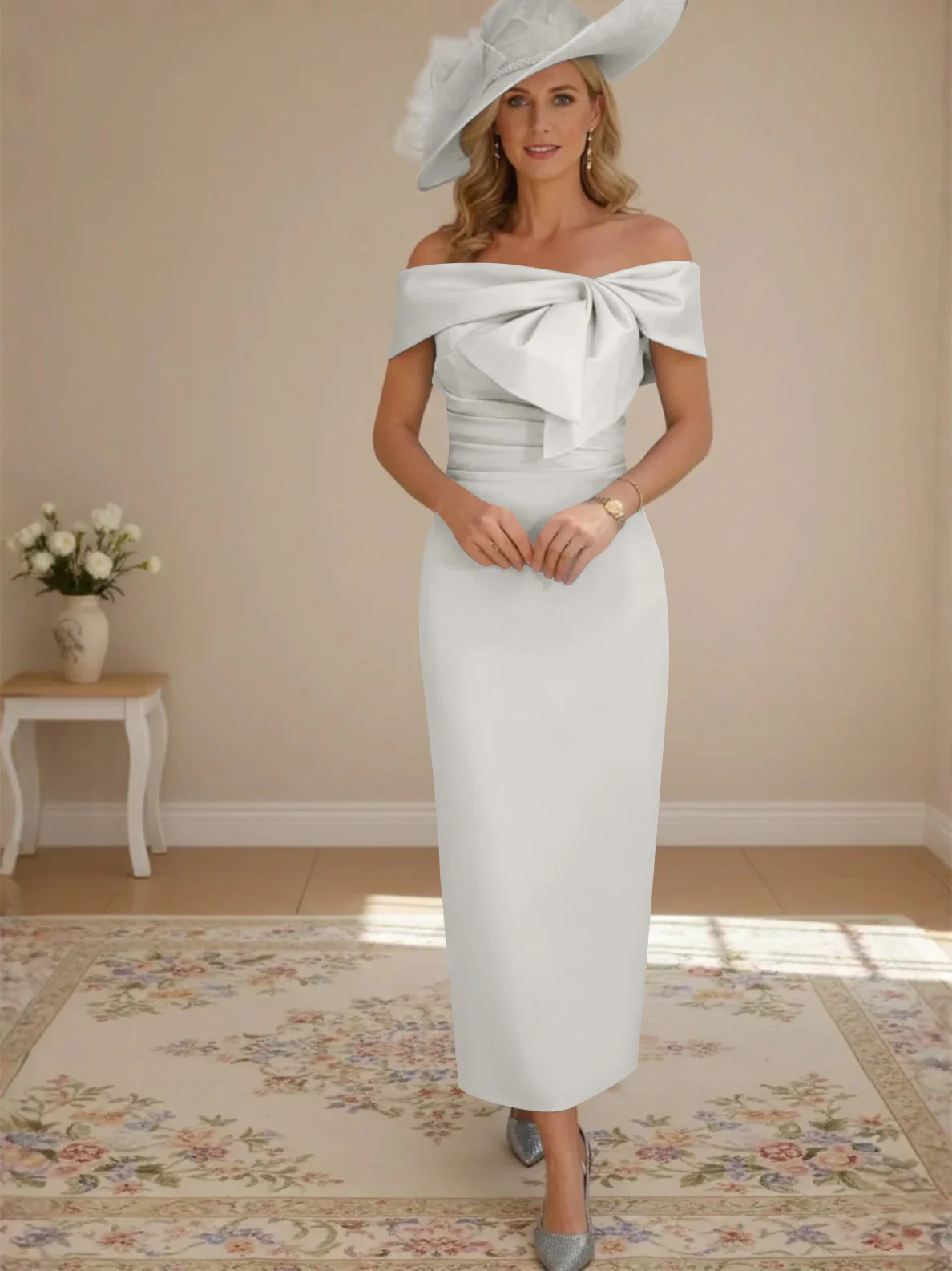 Sheath/Column Off-the-Shoulder Ankle-Length Mother of the Bride Dresses with Bowknot - Image 20