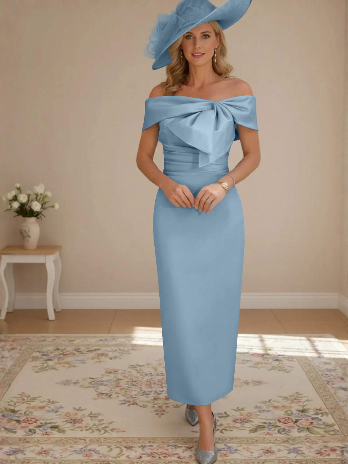 Sheath/Column Off-the-Shoulder Ankle-Length Mother of the Bride Dresses with Bowknot - Image 21