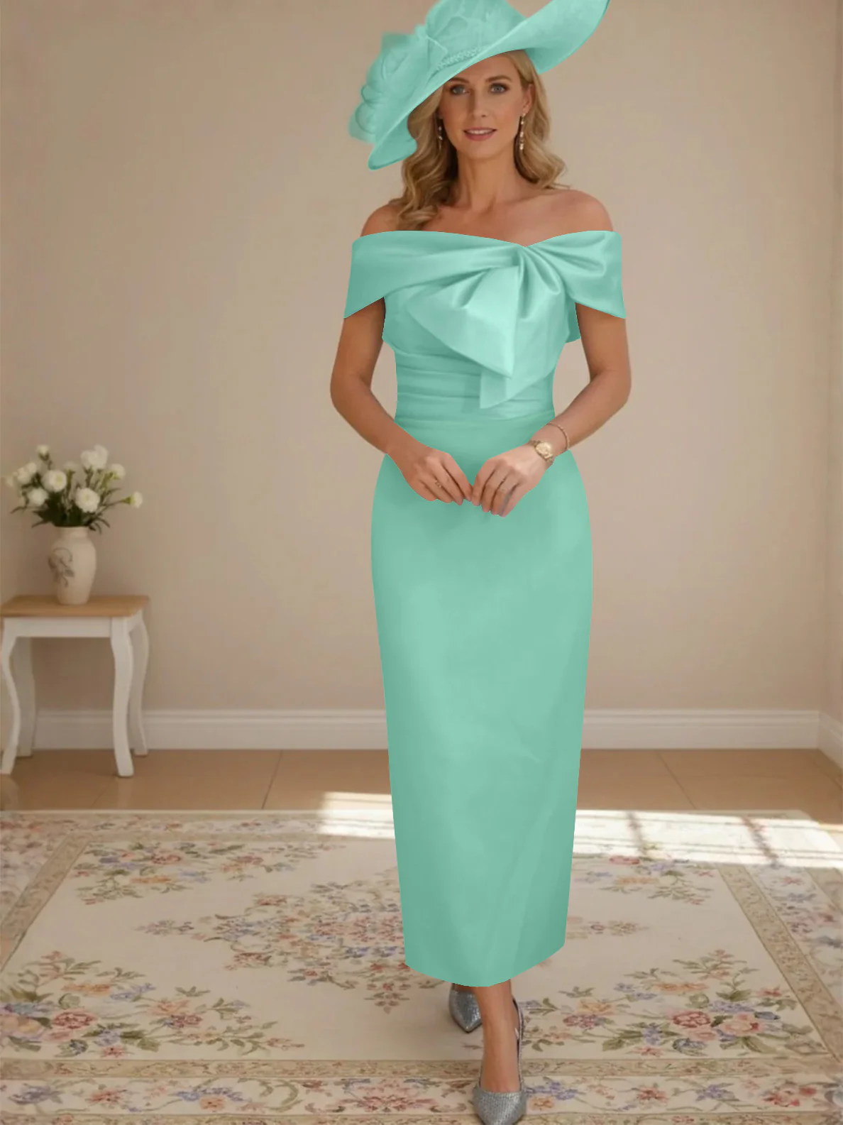 Sheath/Column Off-the-Shoulder Ankle-Length Mother of the Bride Dresses with Bowknot - Image 25