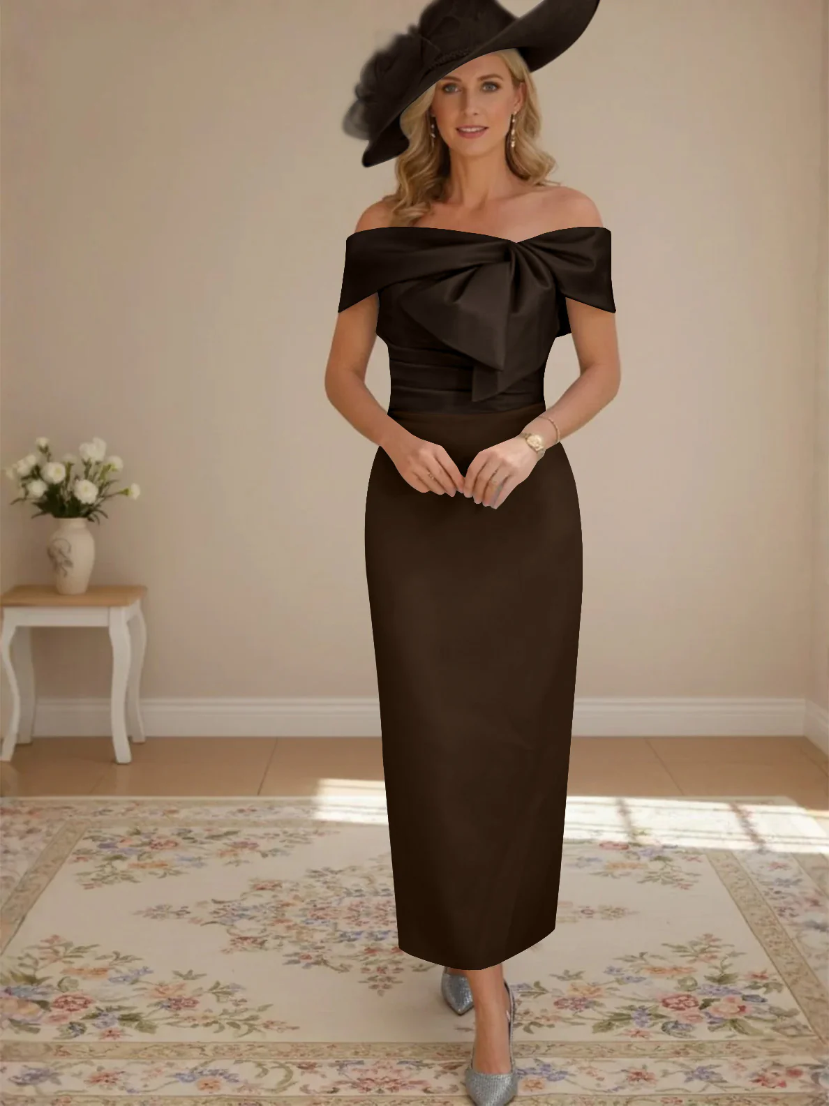 Sheath/Column Off-the-Shoulder Ankle-Length Mother of the Bride Dresses with Bowknot - Image 29