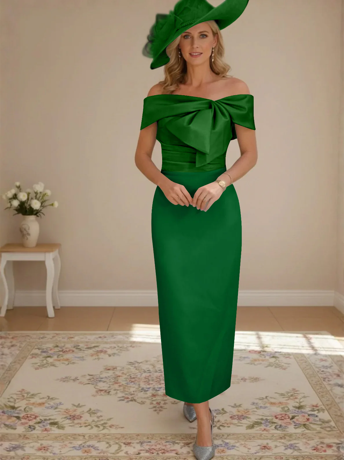 Sheath/Column Off-the-Shoulder Ankle-Length Mother of the Bride Dresses with Bowknot - Image 30