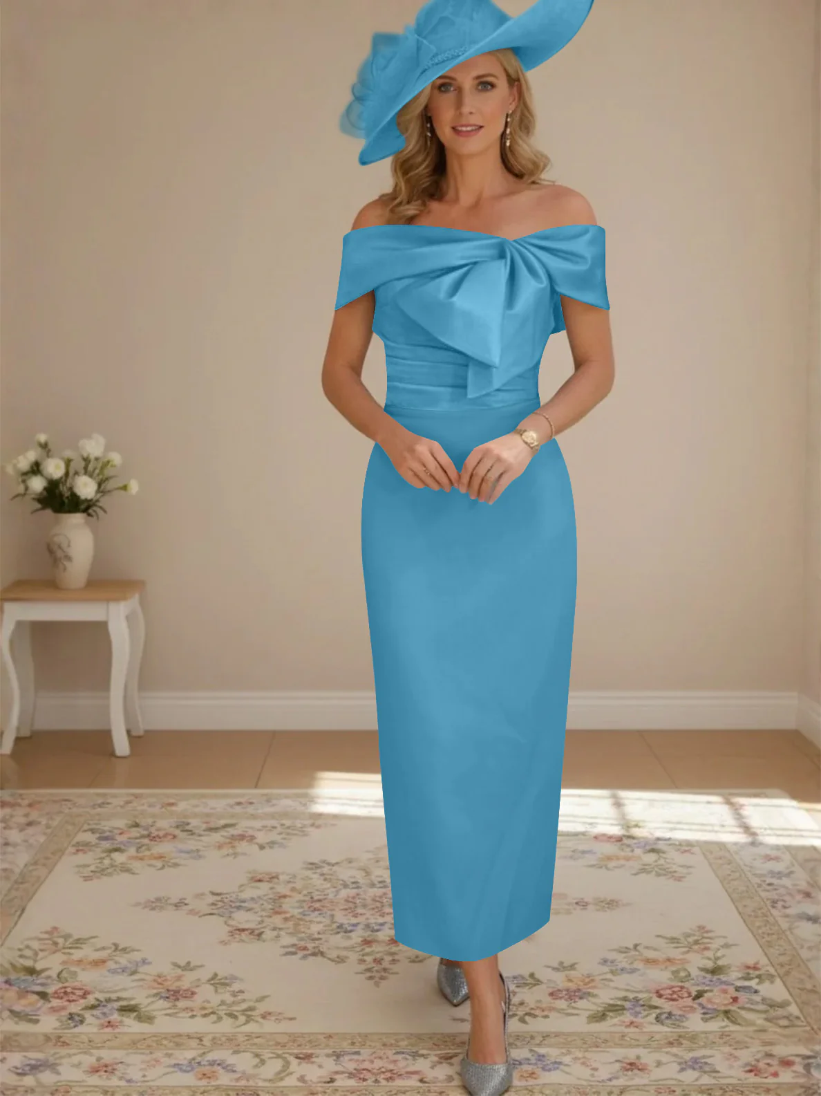 Sheath/Column Off-the-Shoulder Ankle-Length Mother of the Bride Dresses with Bowknot - Image 31