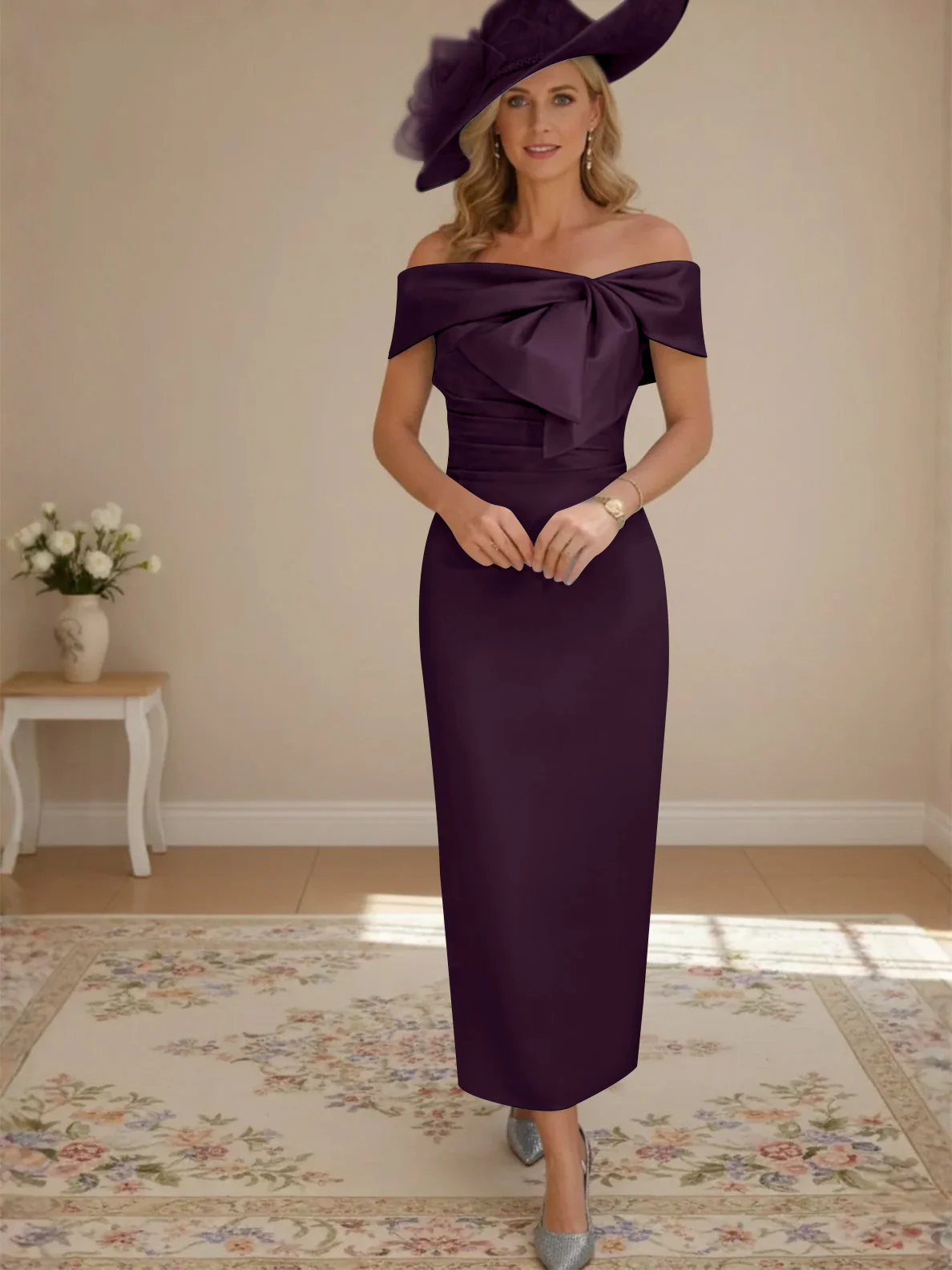 Sheath/Column Off-the-Shoulder Ankle-Length Mother of the Bride Dresses with Bowknot - Image 34