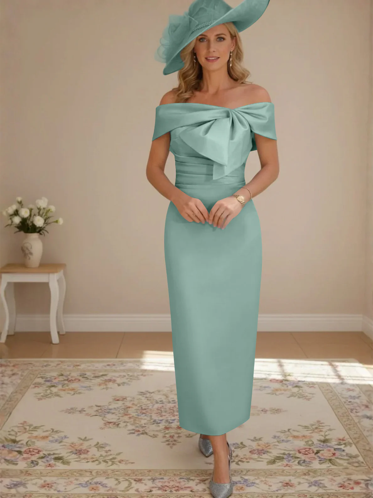Sheath/Column Off-the-Shoulder Ankle-Length Mother of the Bride Dresses with Bowknot - Image 37