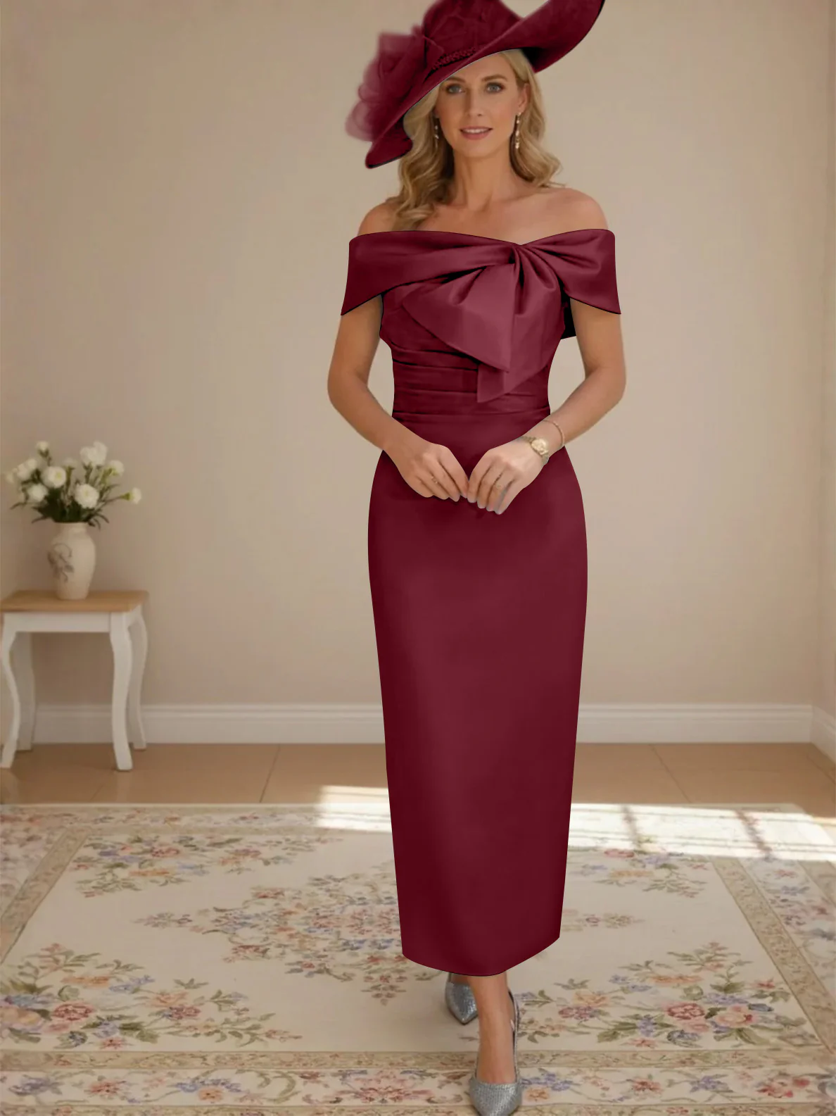 Sheath/Column Off-the-Shoulder Ankle-Length Mother of the Bride Dresses with Bowknot - Image 38