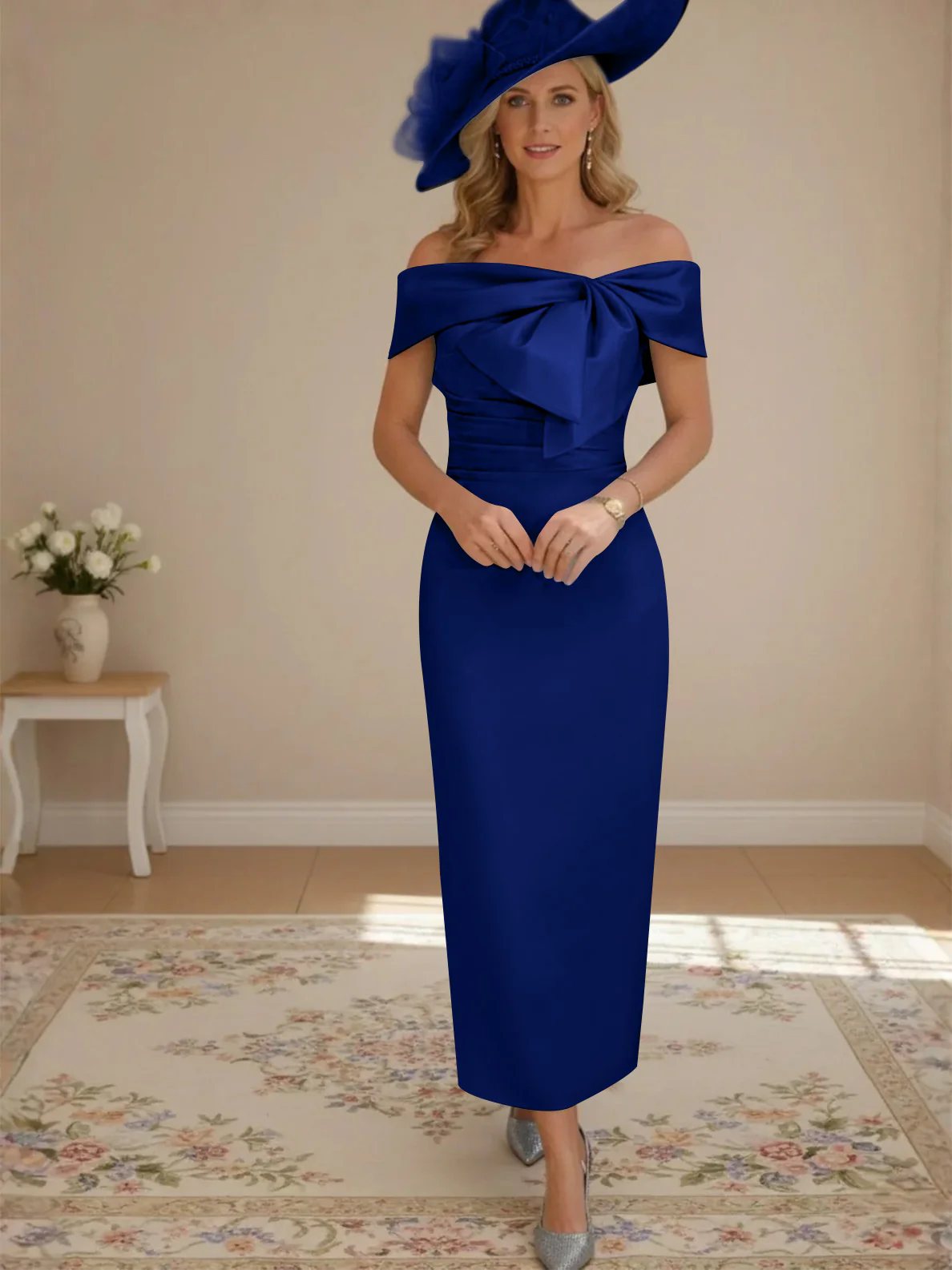 Sheath/Column Off-the-Shoulder Ankle-Length Mother of the Bride Dresses with Bowknot - Image 45
