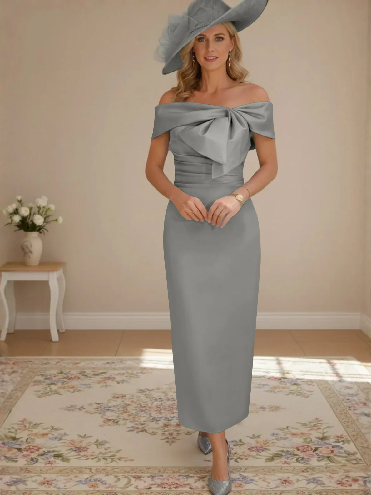 Sheath/Column Off-the-Shoulder Ankle-Length Mother of the Bride Dresses with Bowknot - Image 46