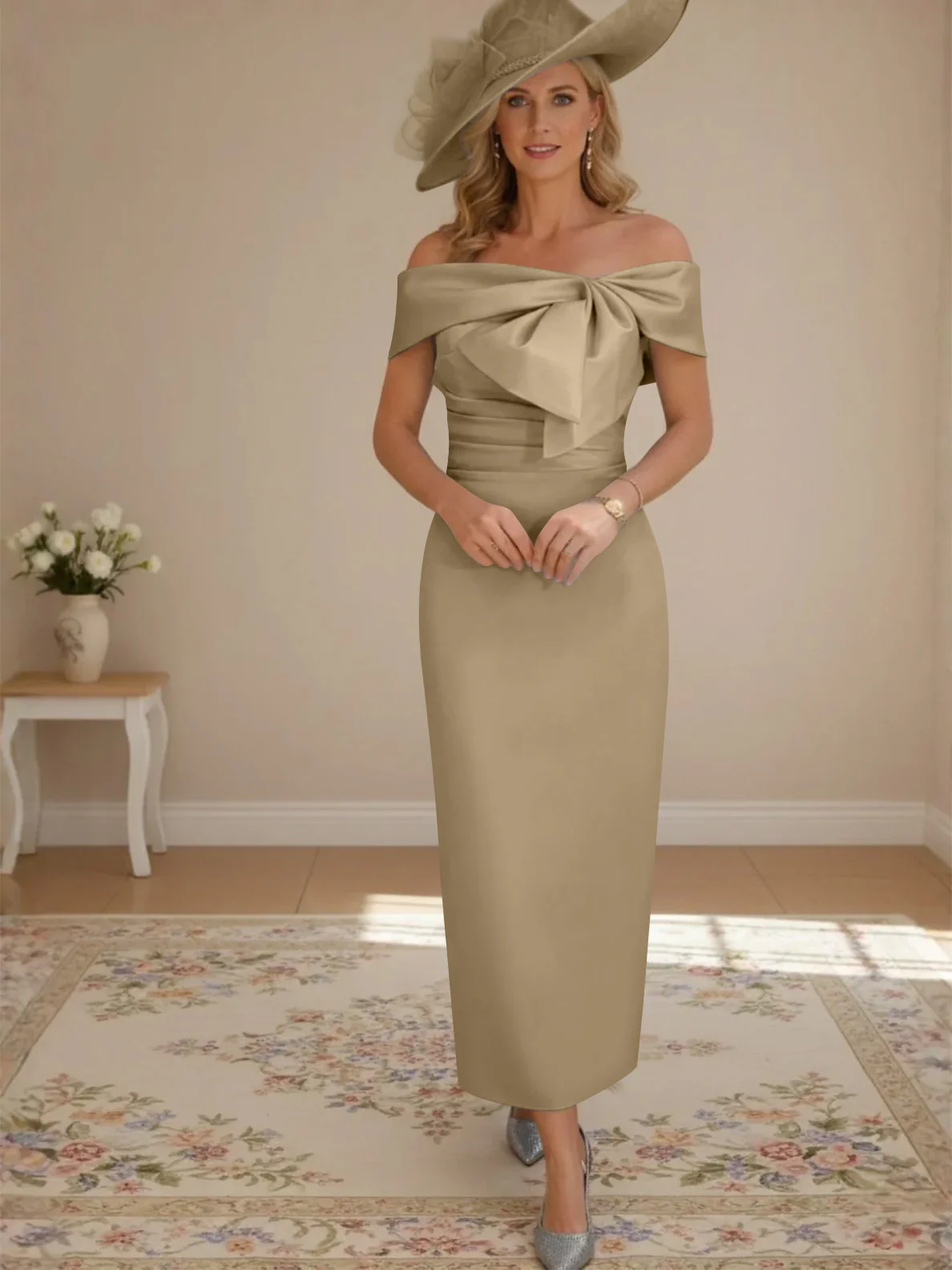 Sheath/Column Off-the-Shoulder Ankle-Length Mother of the Bride Dresses with Bowknot - Image 5