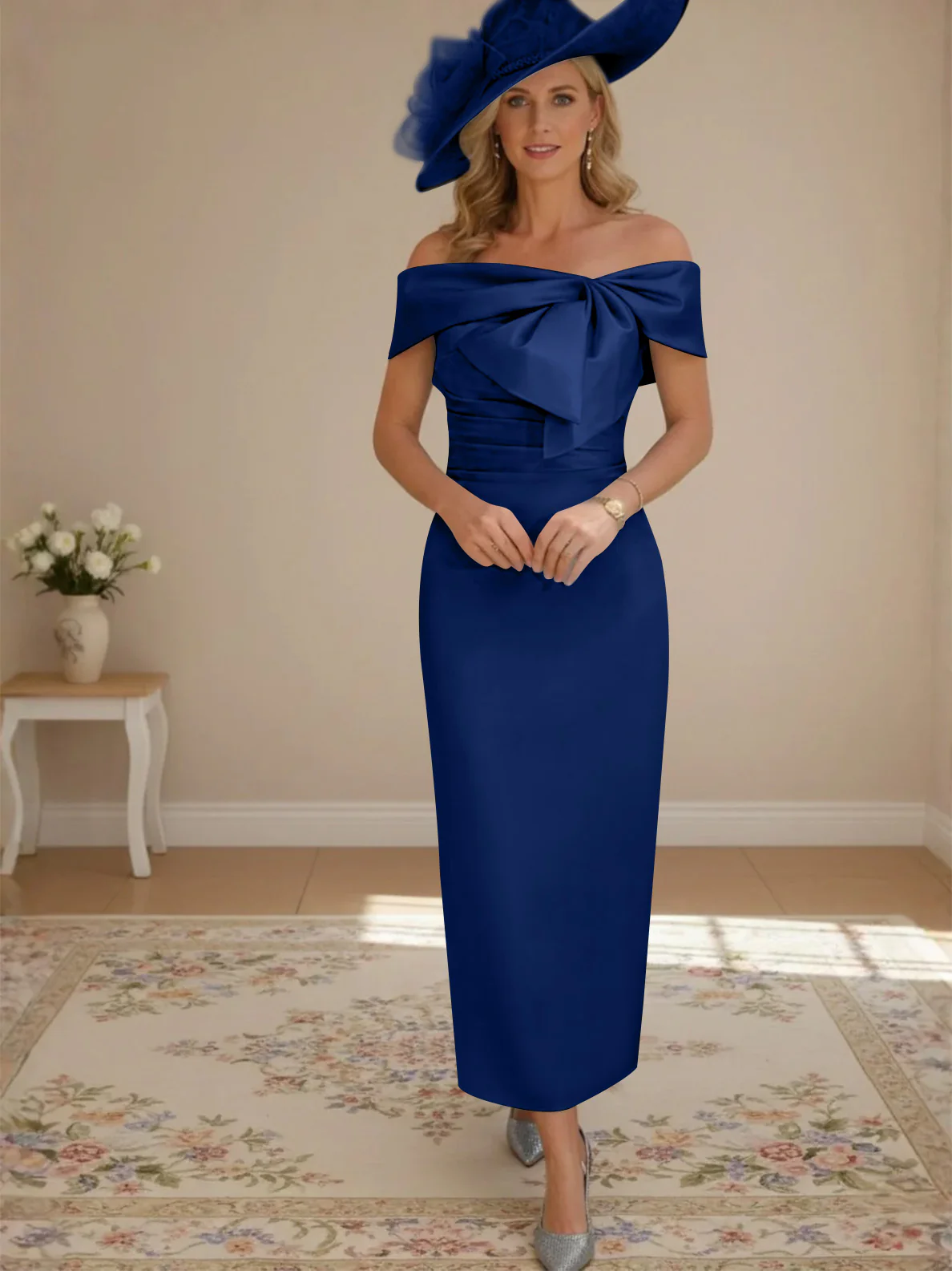 Sheath/Column Off-the-Shoulder Ankle-Length Mother of the Bride Dresses with Bowknot - Image 61