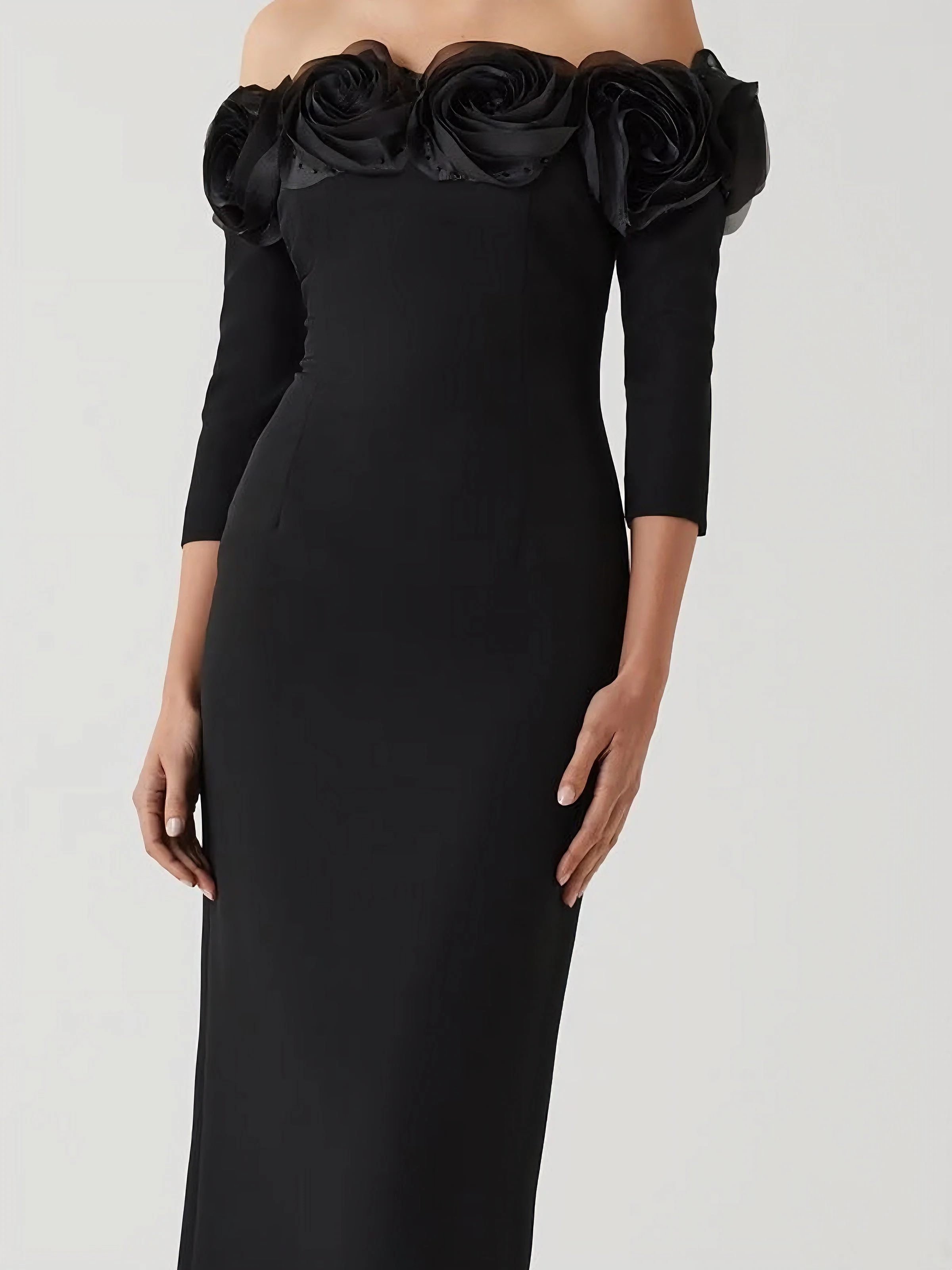Sheath/Column Off-the-Shoulder Floor-Length Evening Dresses 3/4 Sleeves Party Dresses with 3D Flower - Image 3