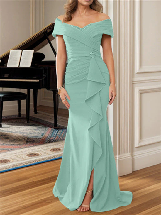 Sheath/Column Off-the-Shoulder Floor-Length Mother of the Bride Dresses - Image 19