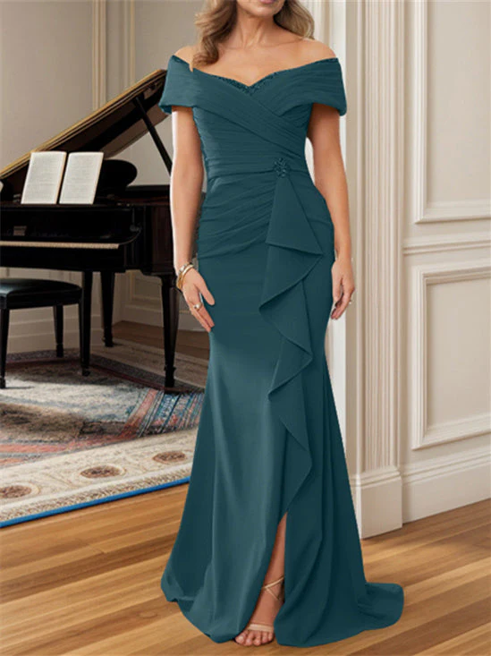 Sheath/Column Off-the-Shoulder Floor-Length Mother of the Bride Dresses - Image 36