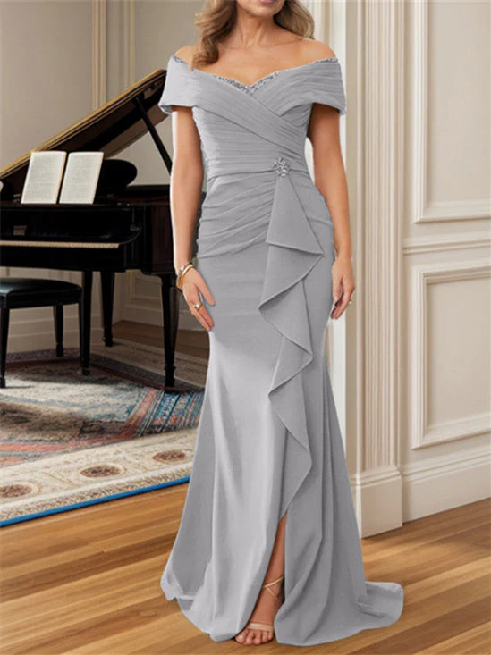 Sheath/Column Off-the-Shoulder Floor-Length Mother of the Bride Dresses - Image 6