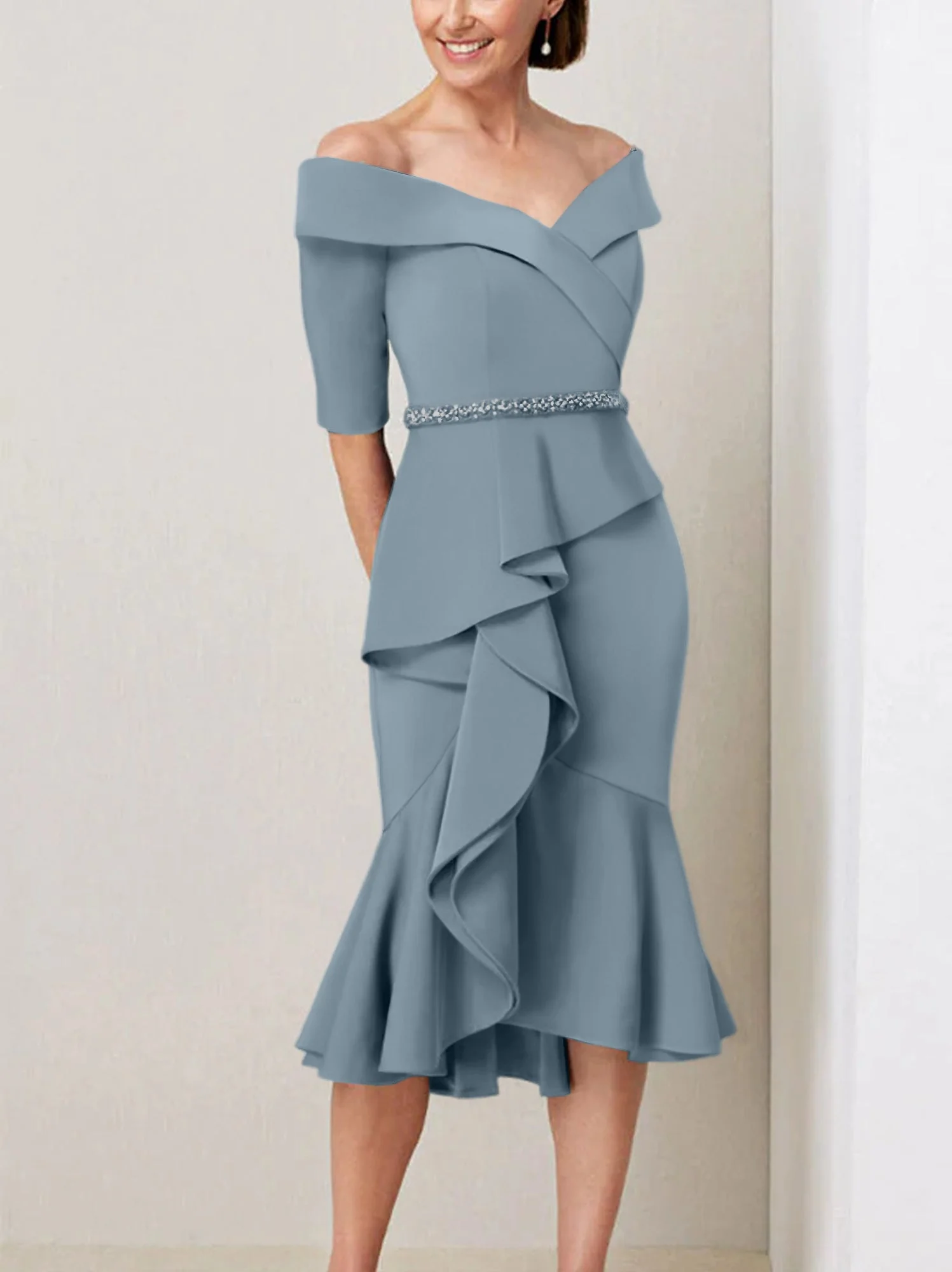 Sheath/Column Off-the-Shoulder Half Sleeves Mother of the Bride Dresses with Beading & Ruffles - Image 14