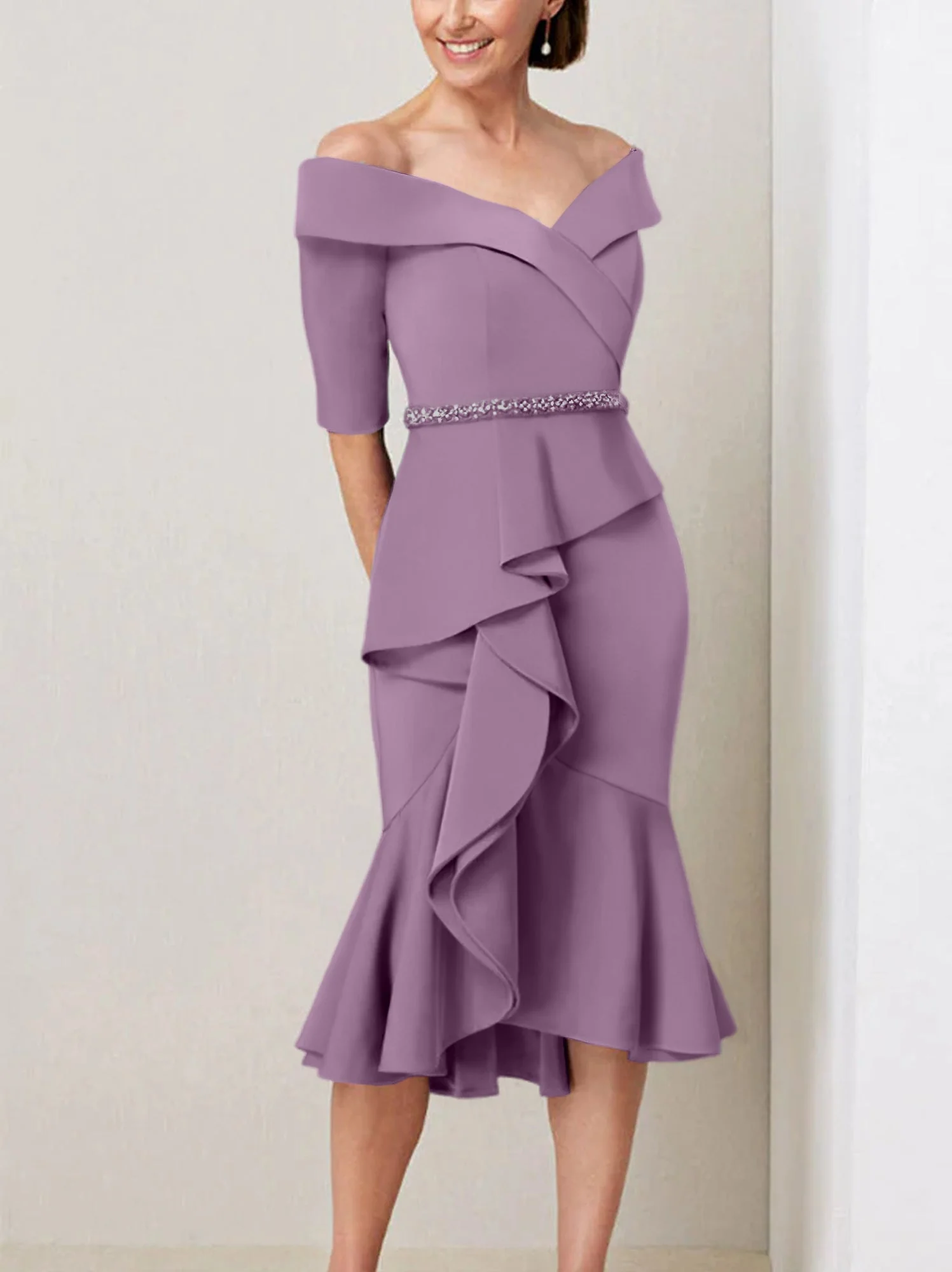 Sheath/Column Off-the-Shoulder Half Sleeves Mother of the Bride Dresses with Beading & Ruffles - Image 16