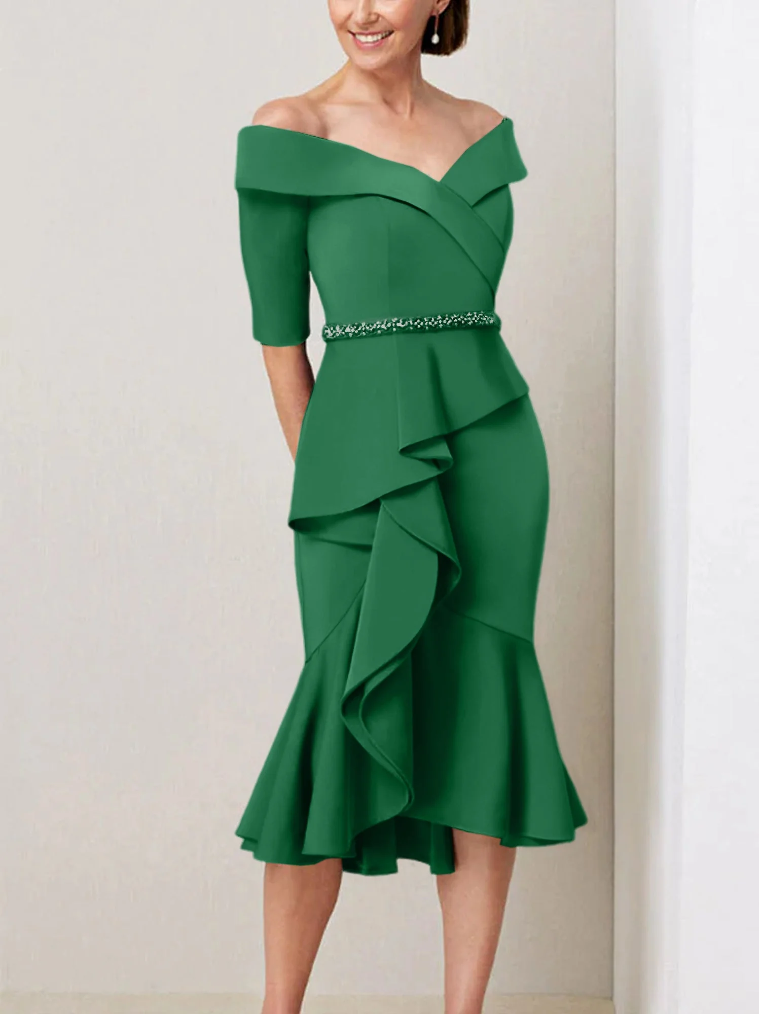 Sheath/Column Off-the-Shoulder Half Sleeves Mother of the Bride Dresses with Beading & Ruffles - Image 19