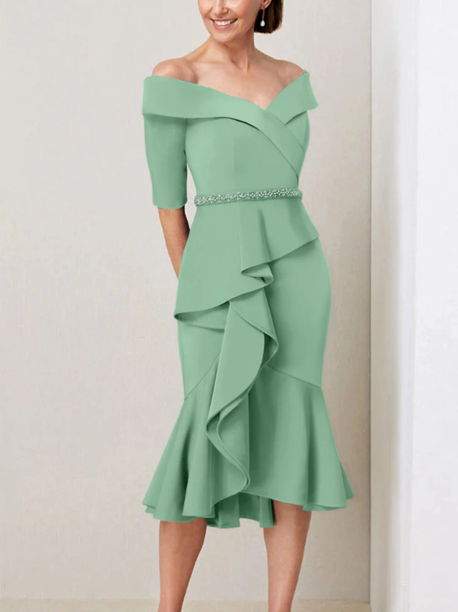 Sheath/Column Off-the-Shoulder Half Sleeves Mother of the Bride Dresses with Beading & Ruffles - Image 20