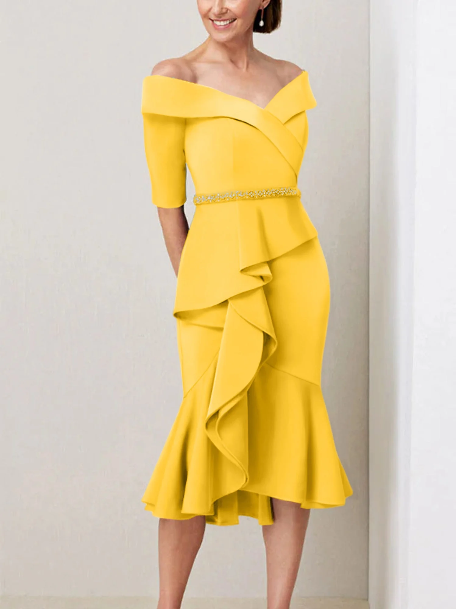 Sheath/Column Off-the-Shoulder Half Sleeves Mother of the Bride Dresses with Beading & Ruffles - Image 23