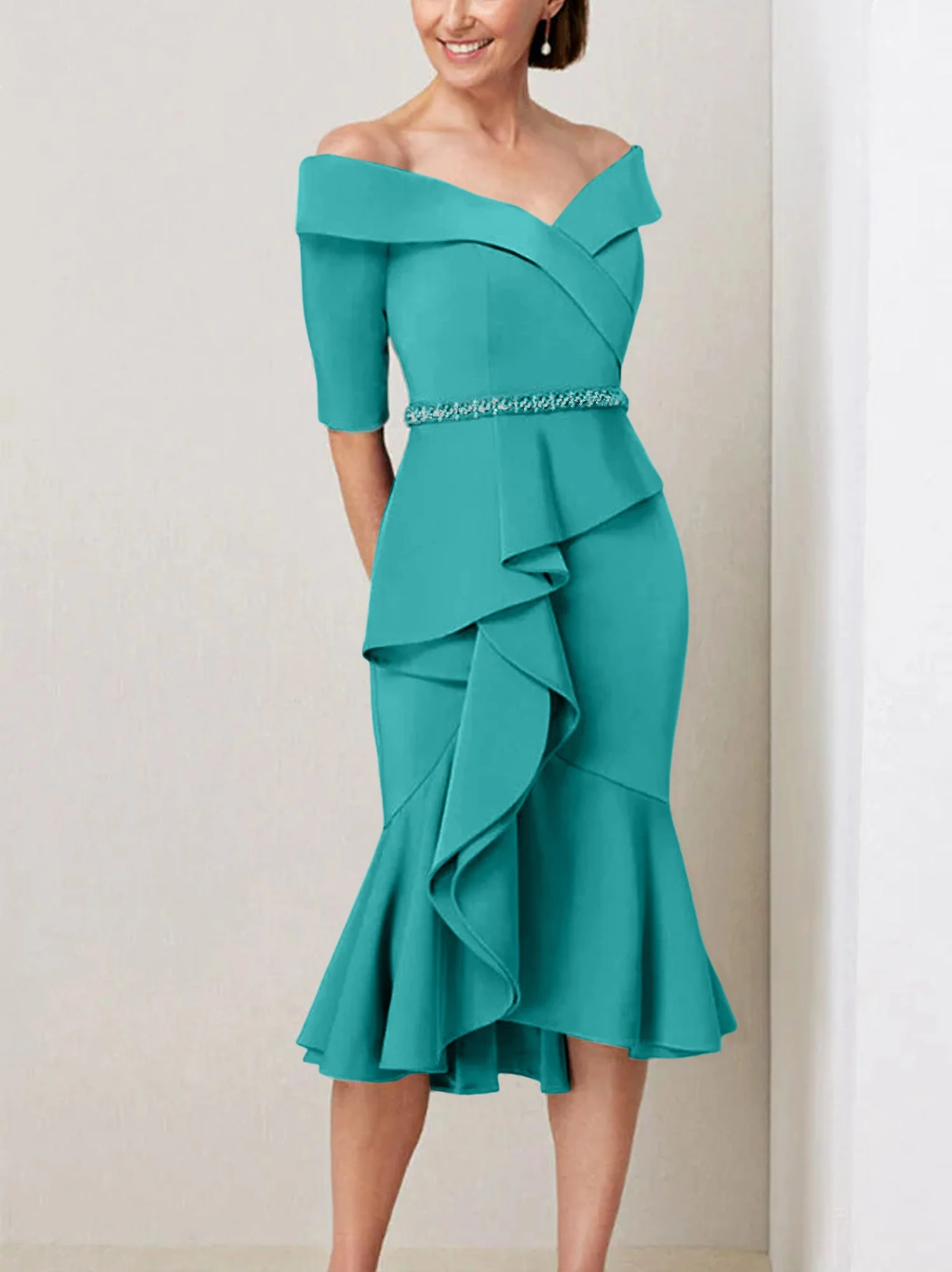Sheath/Column Off-the-Shoulder Half Sleeves Mother of the Bride Dresses with Beading & Ruffles - Image 3