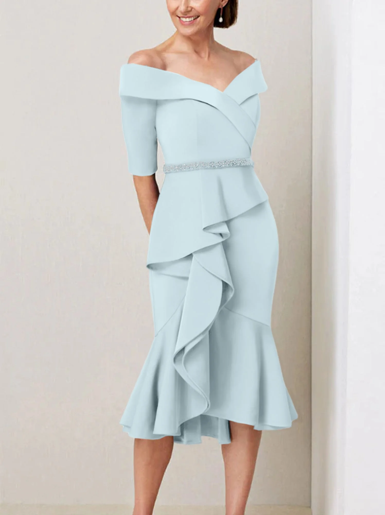 Sheath/Column Off-the-Shoulder Half Sleeves Mother of the Bride Dresses with Beading & Ruffles - Image 31