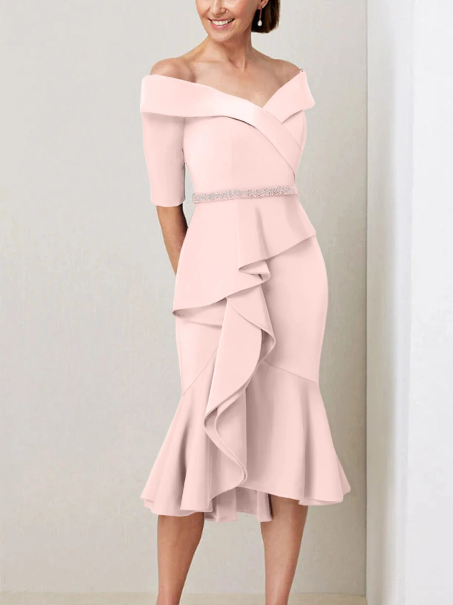 Sheath/Column Off-the-Shoulder Half Sleeves Mother of the Bride Dresses with Beading & Ruffles - Image 33