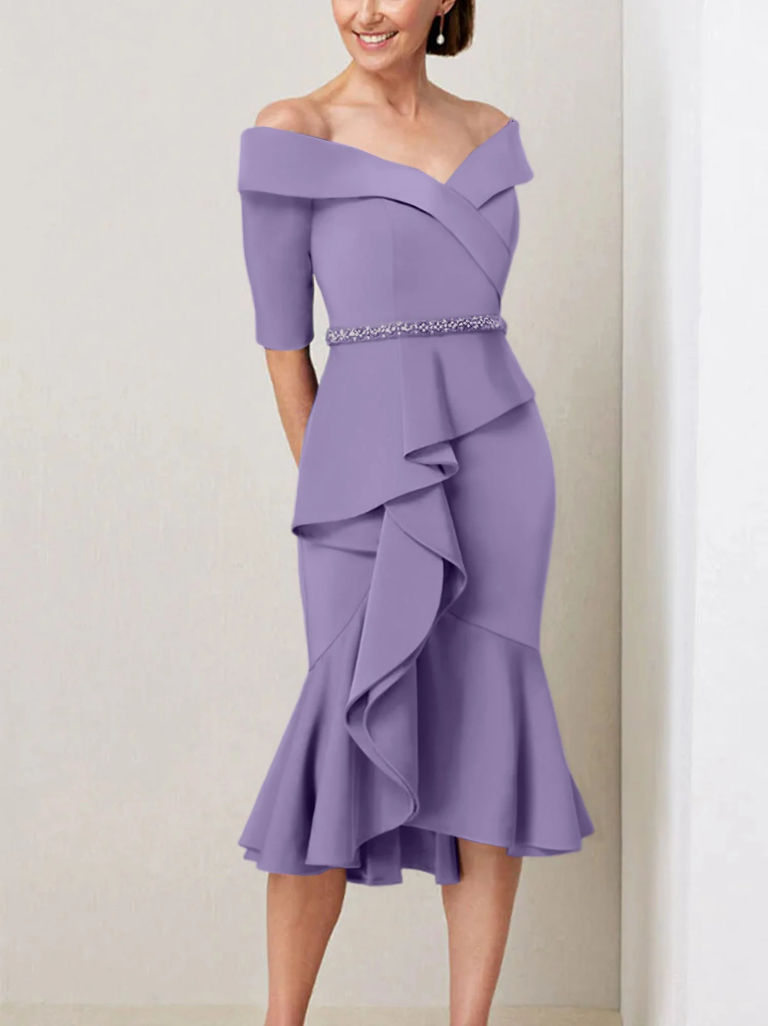 Sheath/Column Off-the-Shoulder Half Sleeves Mother of the Bride Dresses with Beading & Ruffles - Image 34