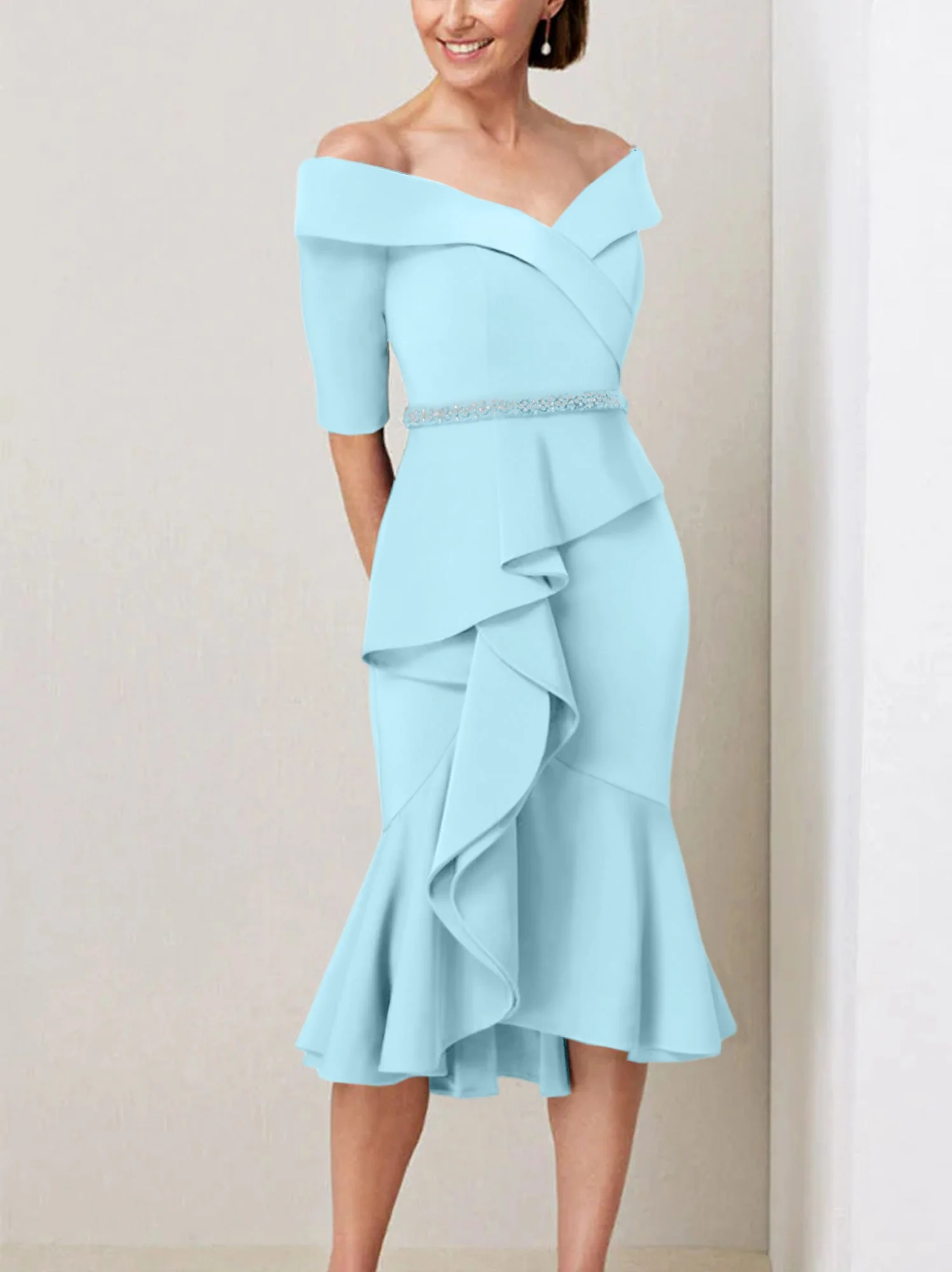 Sheath/Column Off-the-Shoulder Half Sleeves Mother of the Bride Dresses with Beading & Ruffles - Image 36