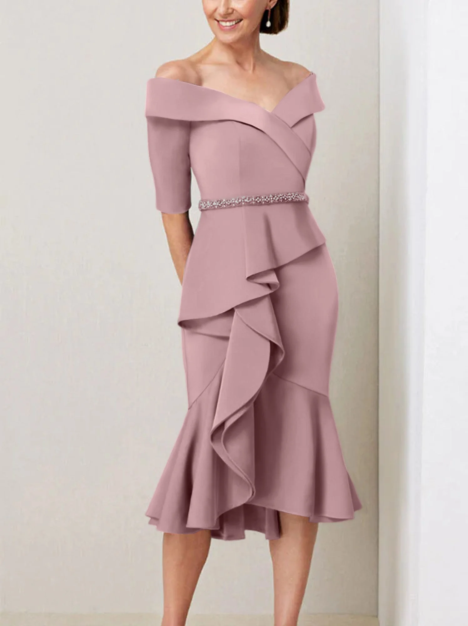 Sheath/Column Off-the-Shoulder Half Sleeves Mother of the Bride Dresses with Beading & Ruffles - Image 38