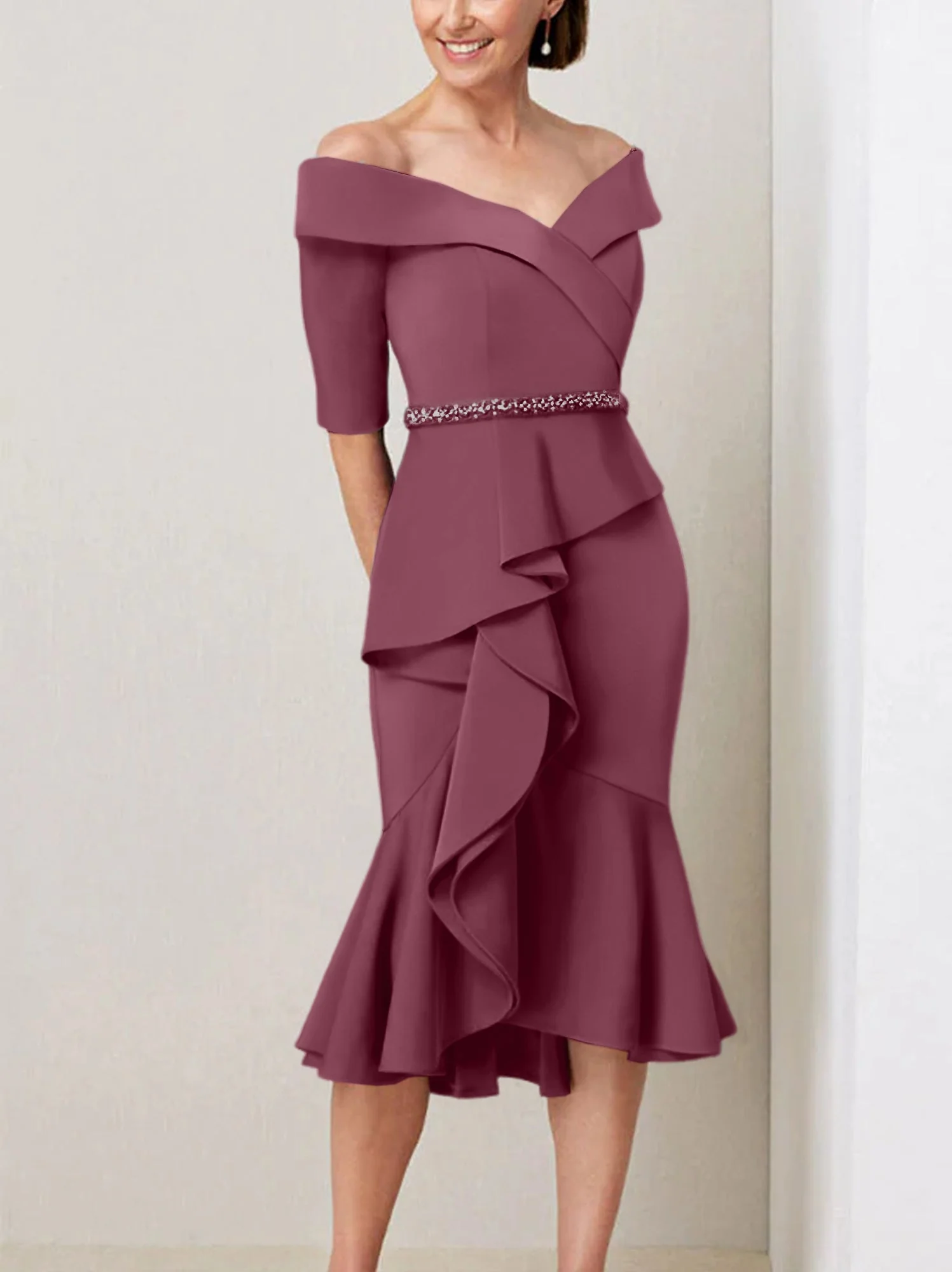 Sheath/Column Off-the-Shoulder Half Sleeves Mother of the Bride Dresses with Beading & Ruffles - Image 41