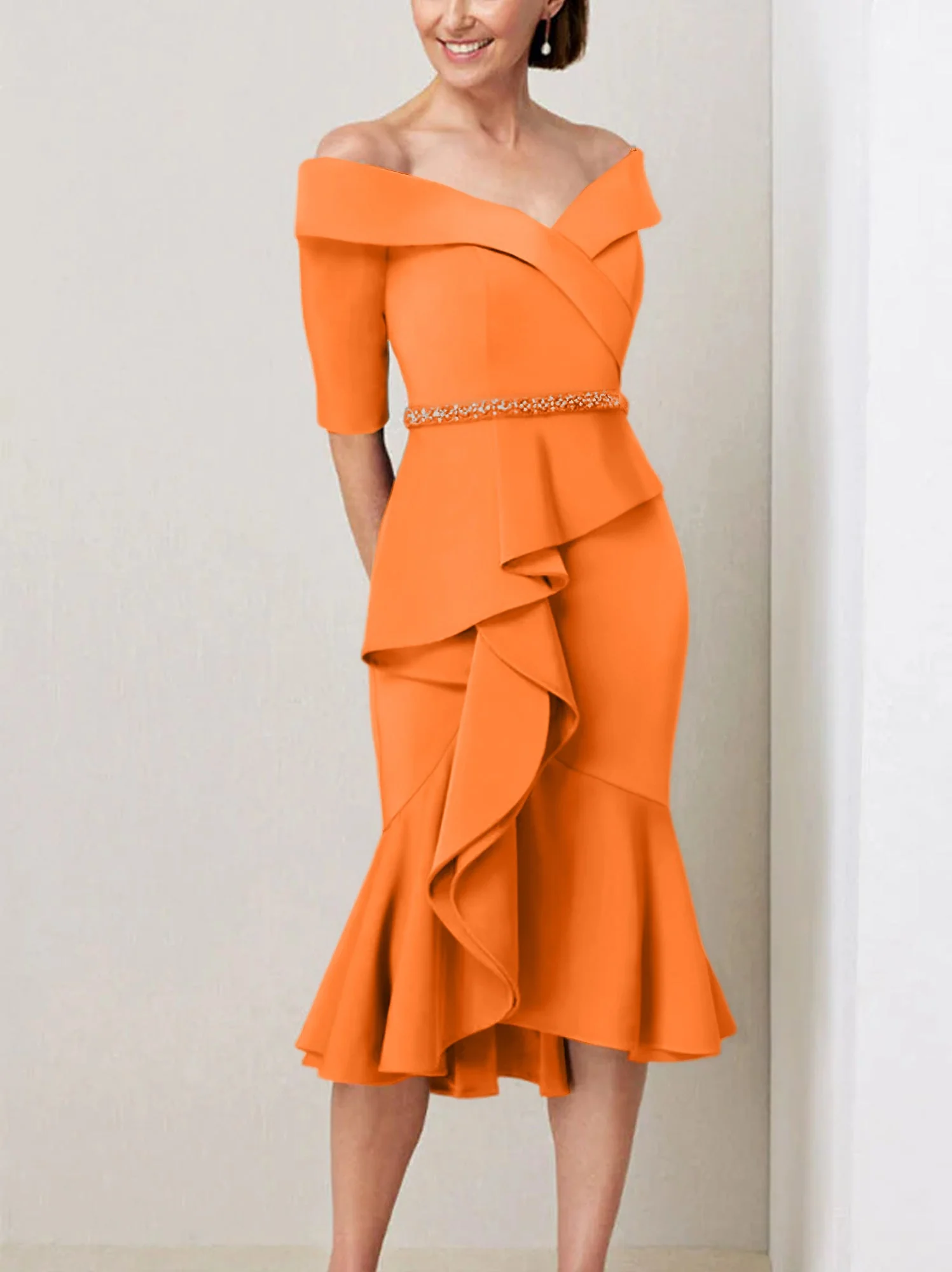 Sheath/Column Off-the-Shoulder Half Sleeves Mother of the Bride Dresses with Beading & Ruffles - Image 47