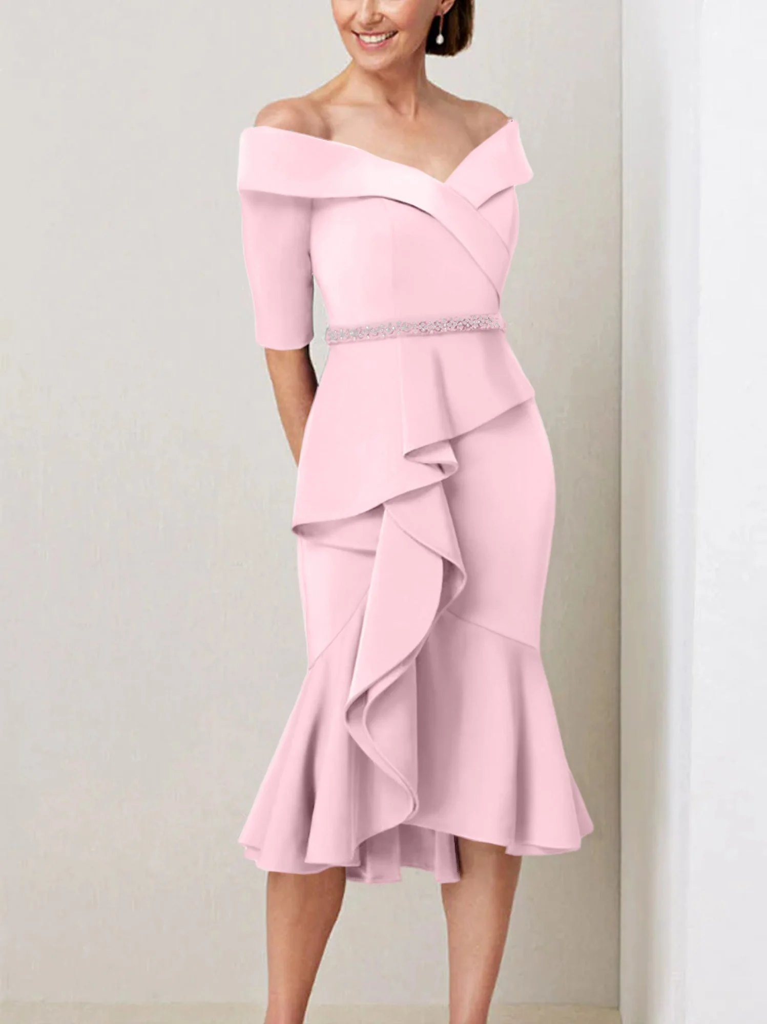 Sheath/Column Off-the-Shoulder Half Sleeves Mother of the Bride Dresses with Beading & Ruffles - Image 52