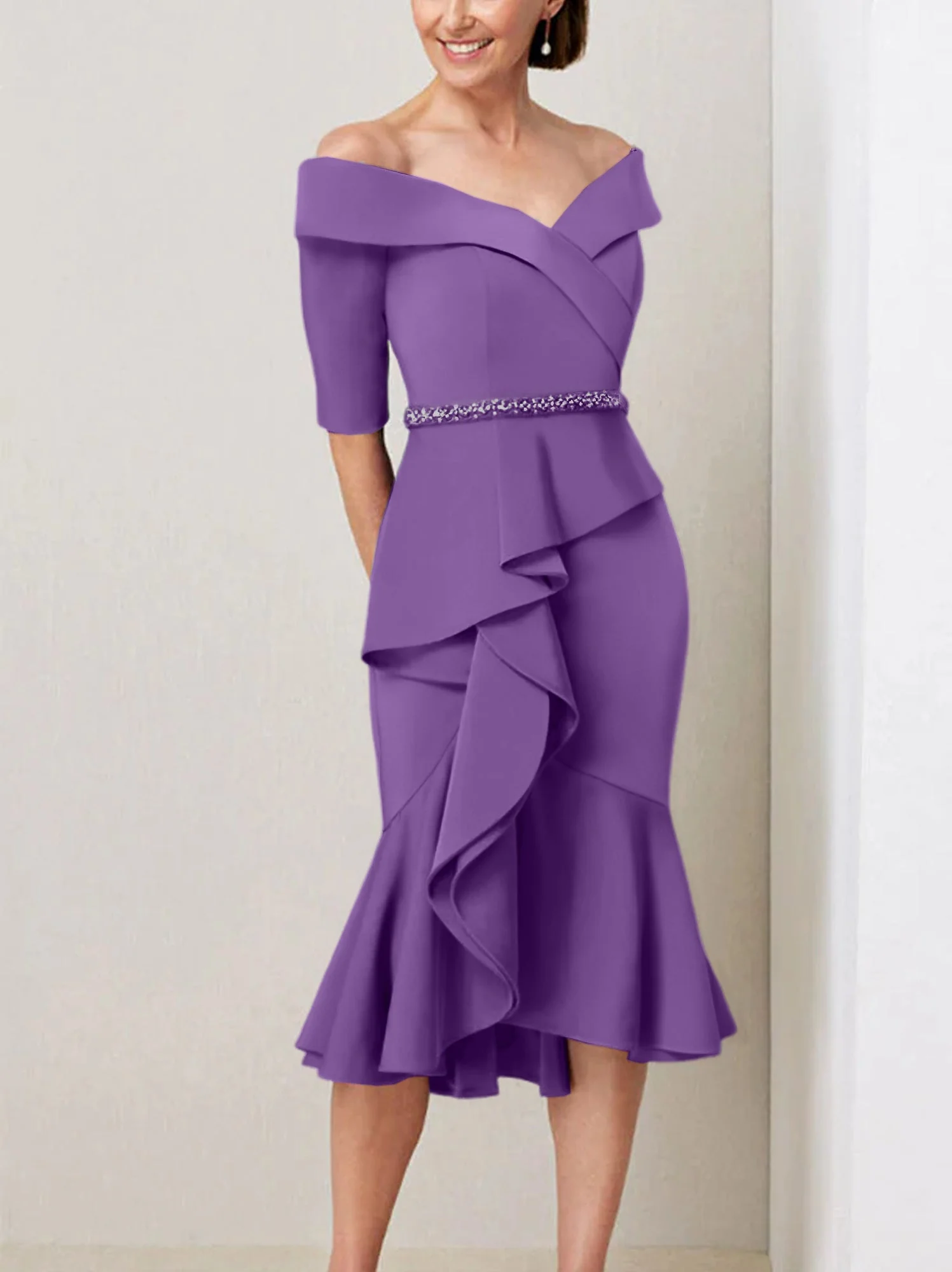Sheath/Column Off-the-Shoulder Half Sleeves Mother of the Bride Dresses with Beading & Ruffles - Image 54