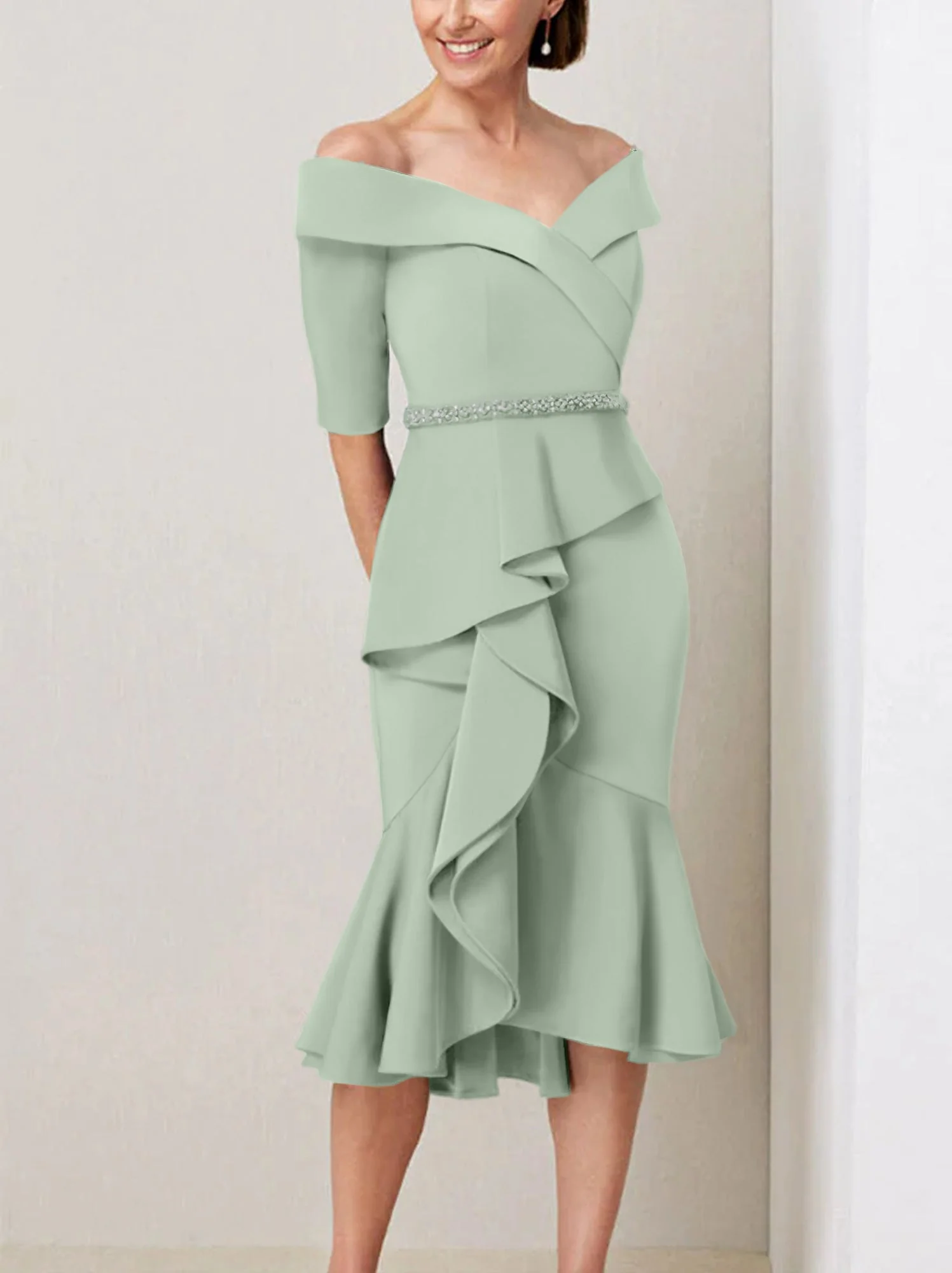 Sheath/Column Off-the-Shoulder Half Sleeves Mother of the Bride Dresses with Beading & Ruffles - Image 58