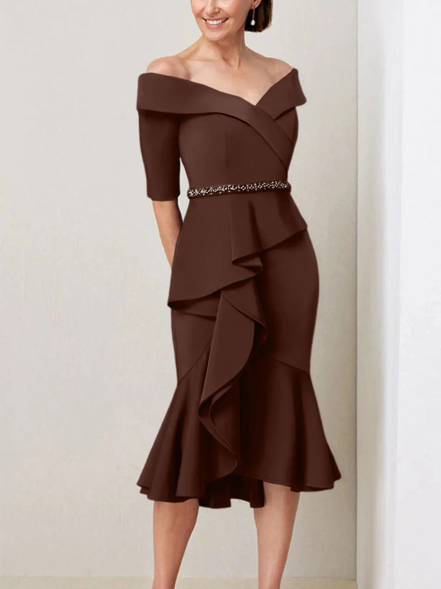 Sheath/Column Off-the-Shoulder Half Sleeves Mother of the Bride Dresses with Beading & Ruffles - Image 6