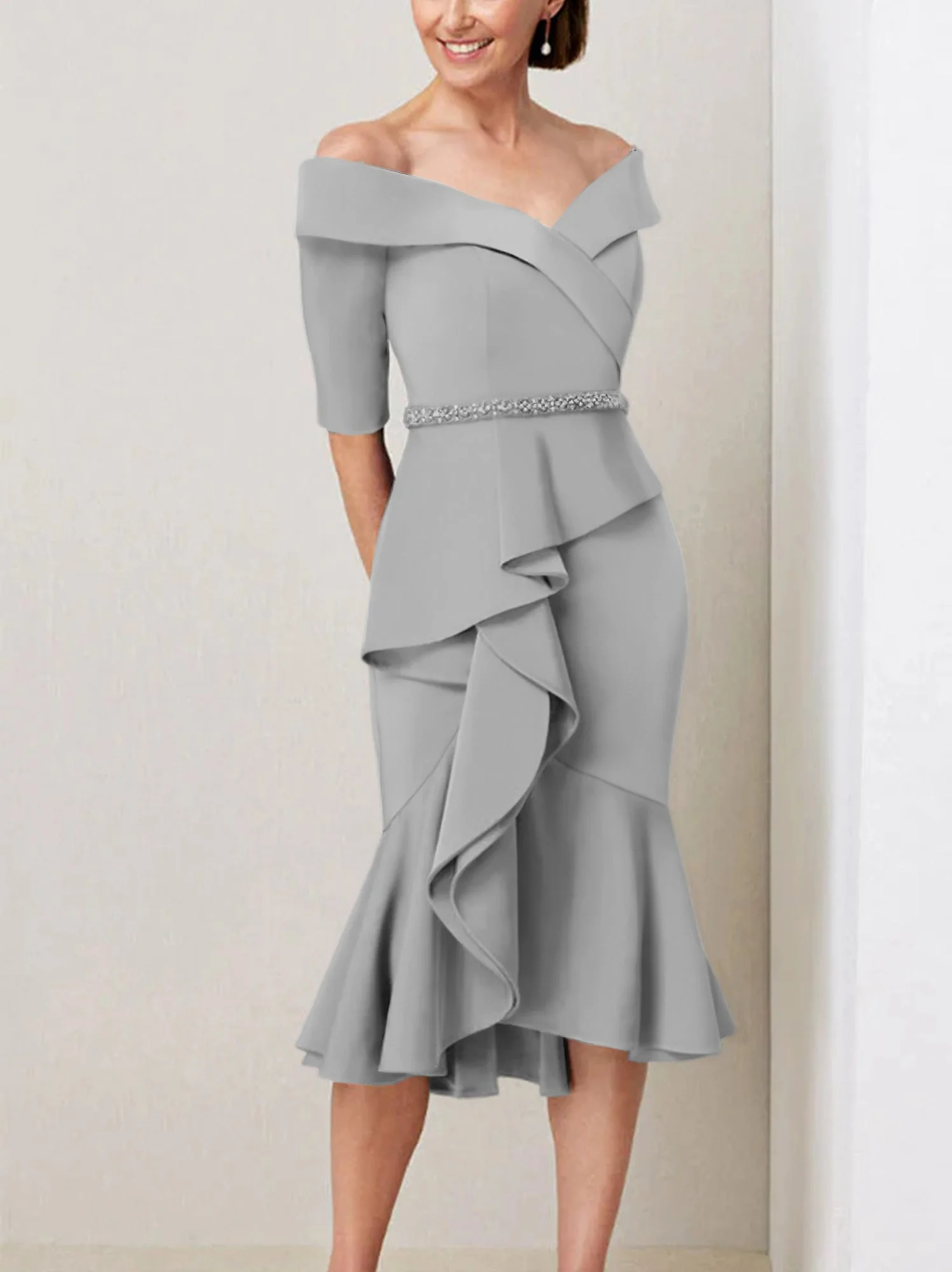 Sheath/Column Off-the-Shoulder Half Sleeves Mother of the Bride Dresses with Beading & Ruffles - Image 60