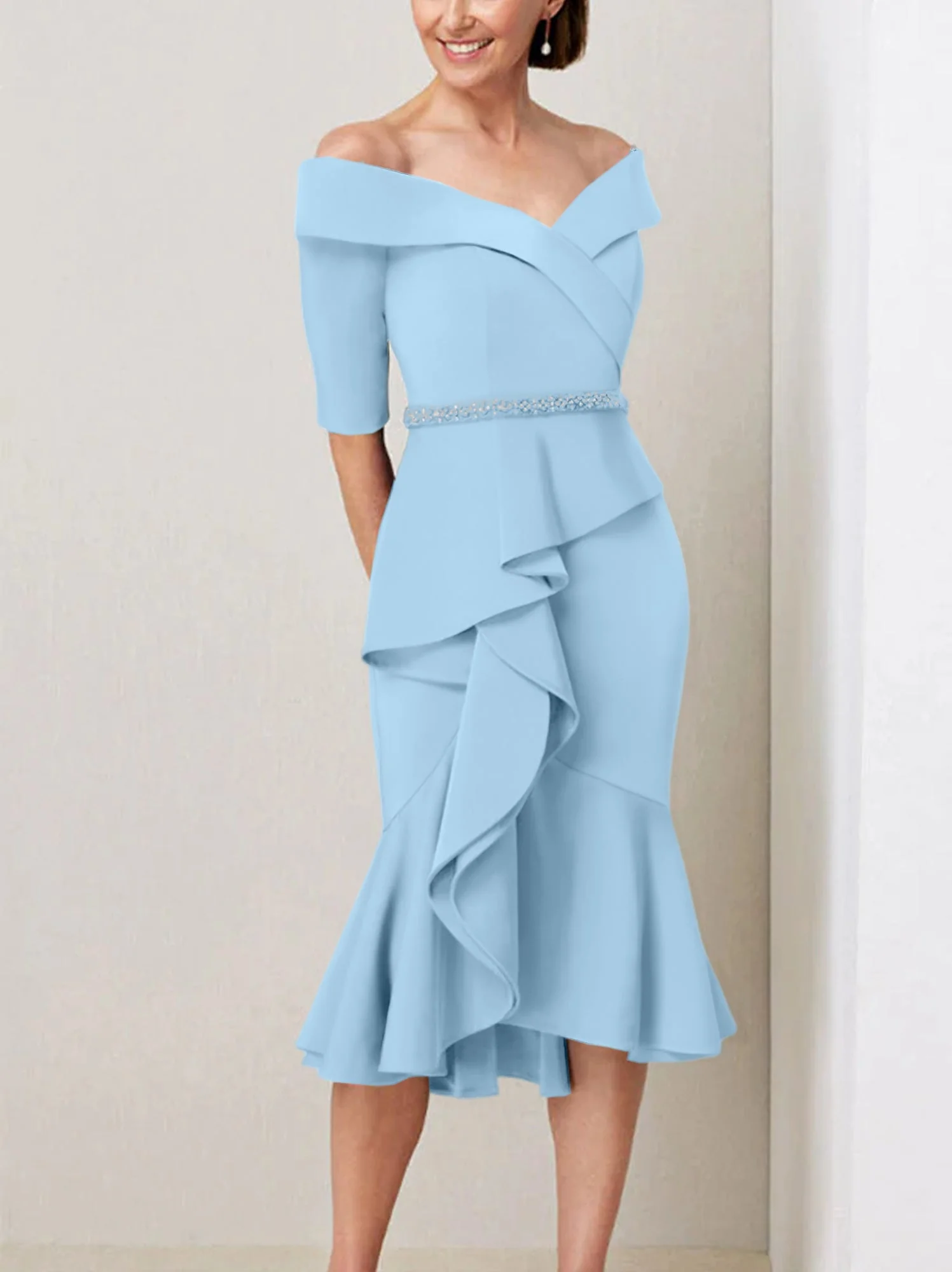 Sheath/Column Off-the-Shoulder Half Sleeves Mother of the Bride Dresses with Beading & Ruffles - Image 62
