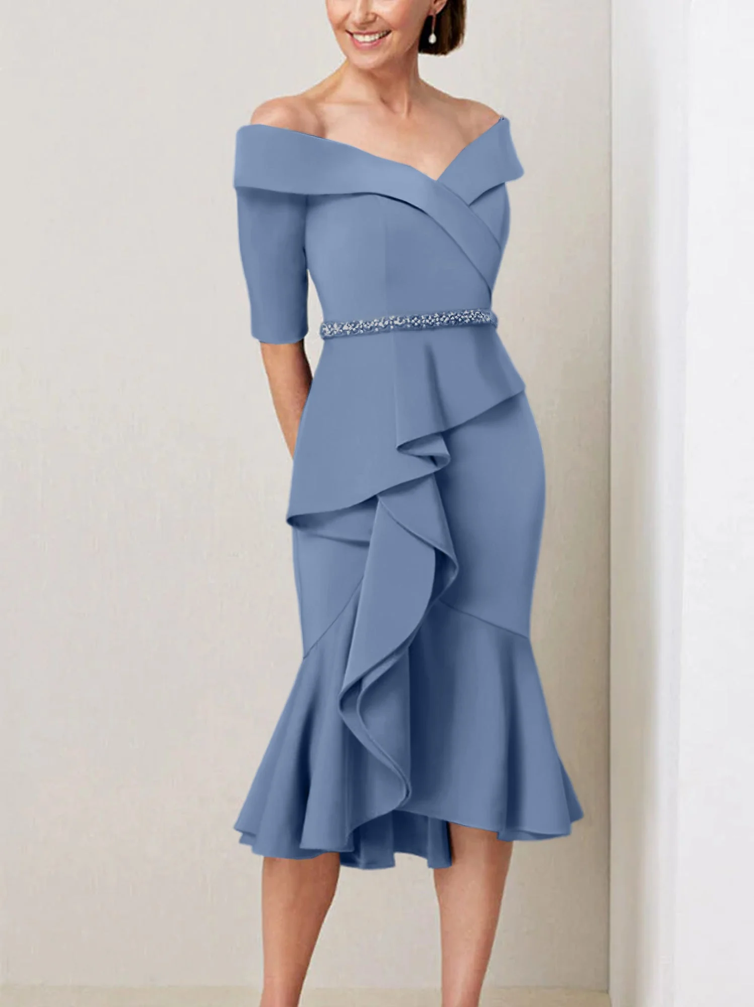 Sheath/Column Off-the-Shoulder Half Sleeves Mother of the Bride Dresses with Beading & Ruffles - Image 64