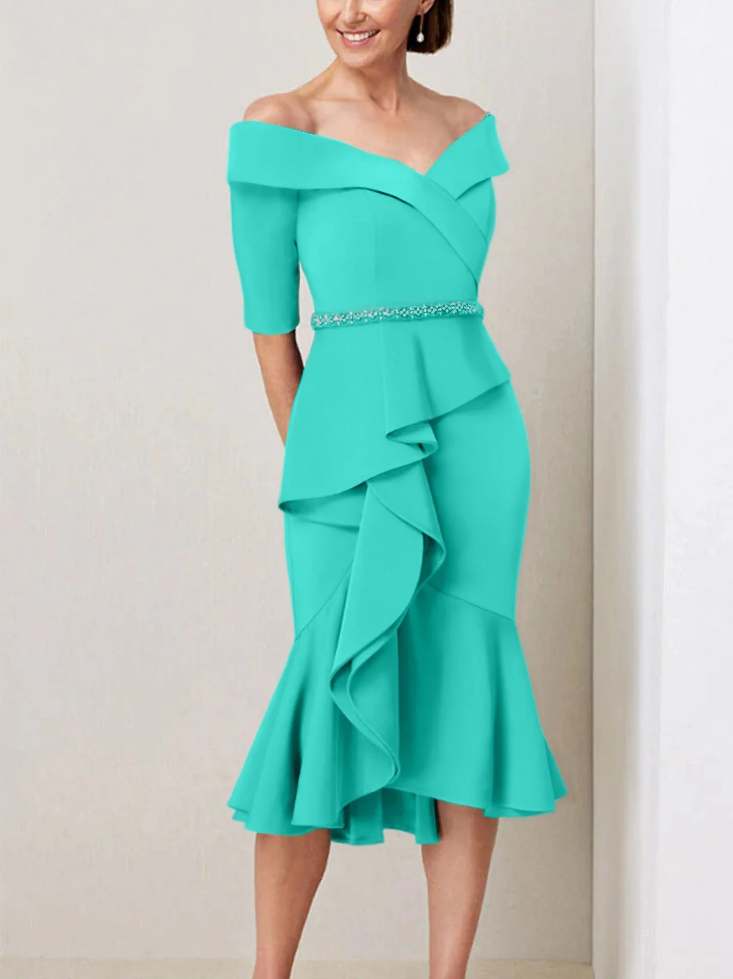 Sheath/Column Off-the-Shoulder Half Sleeves Mother of the Bride Dresses with Beading & Ruffles - Image 68