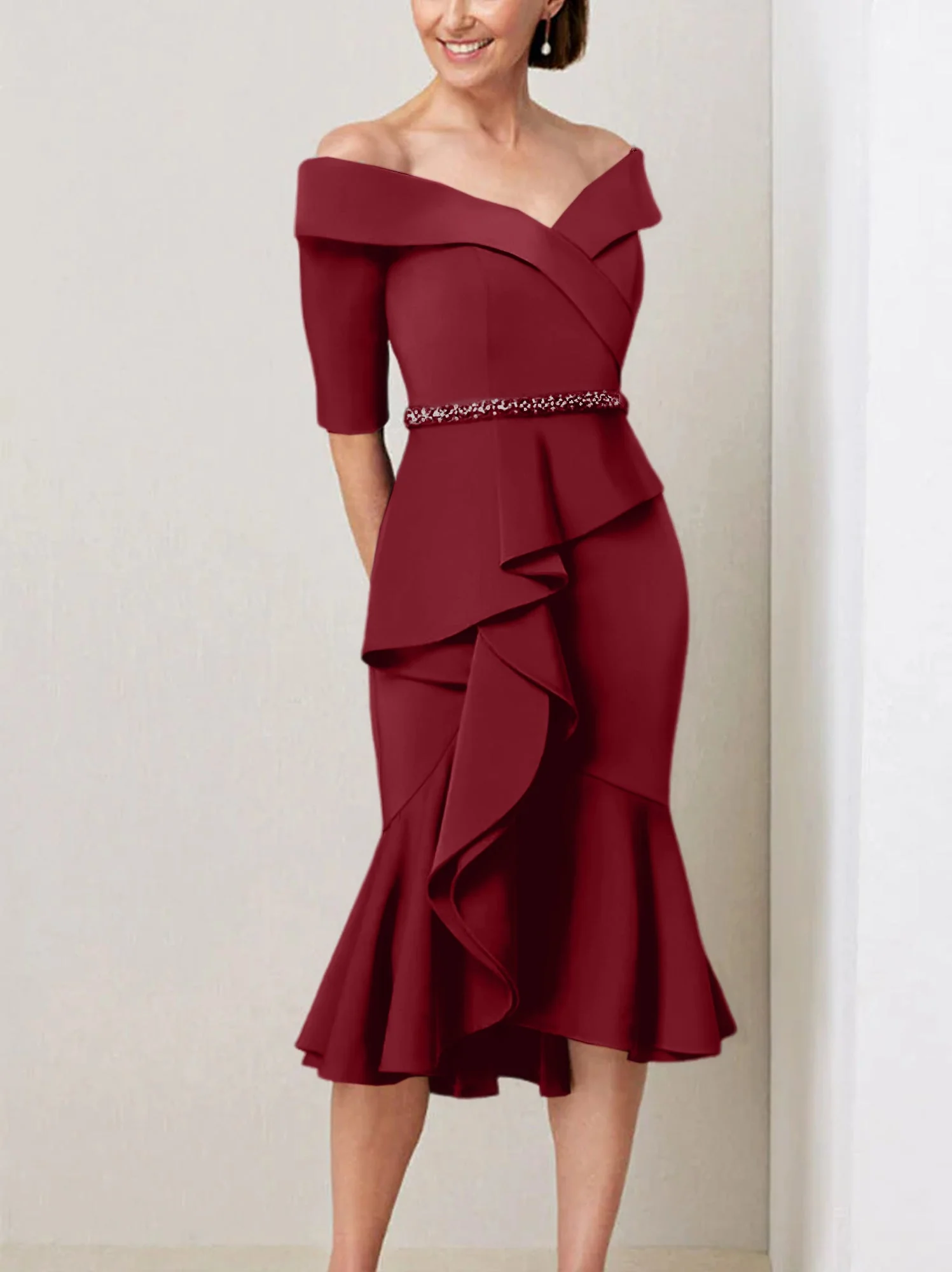 Sheath/Column Off-the-Shoulder Half Sleeves Mother of the Bride Dresses with Beading & Ruffles - Image 70