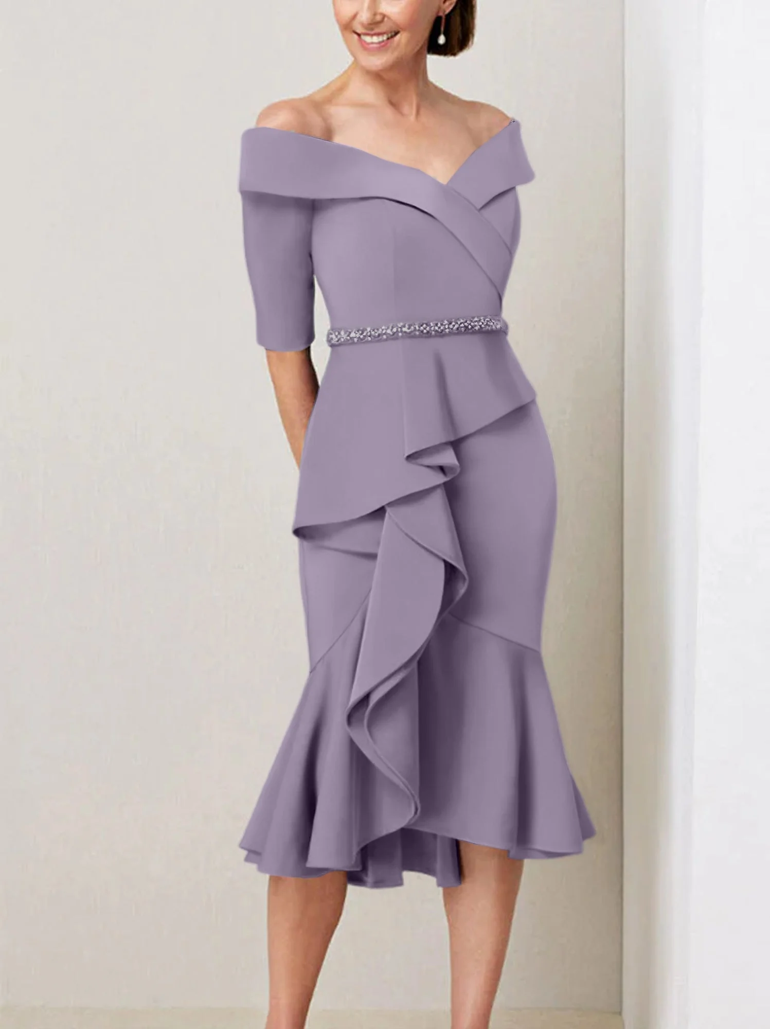 Sheath/Column Off-the-Shoulder Half Sleeves Mother of the Bride Dresses with Beading & Ruffles - Image 71