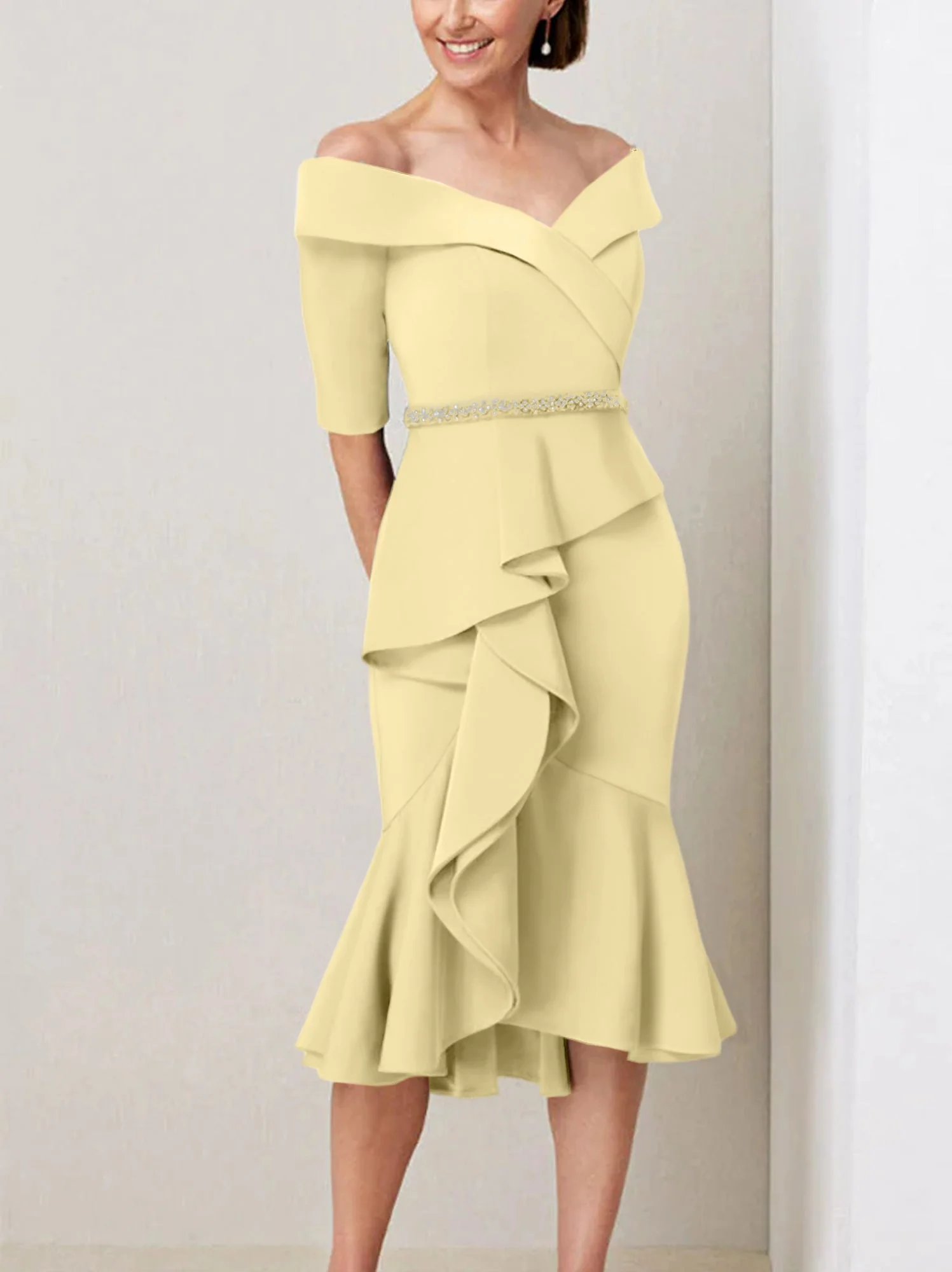 Sheath/Column Off-the-Shoulder Half Sleeves Mother of the Bride Dresses with Beading & Ruffles - Image 72