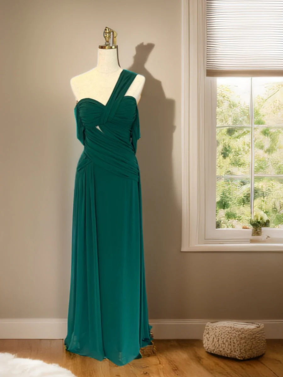 Sheath/Column Off-the-shoulder Half Sleeves Ruched Floor-Length Prom Dresses with Ruffles & Slit & Watteau Train - Image 3