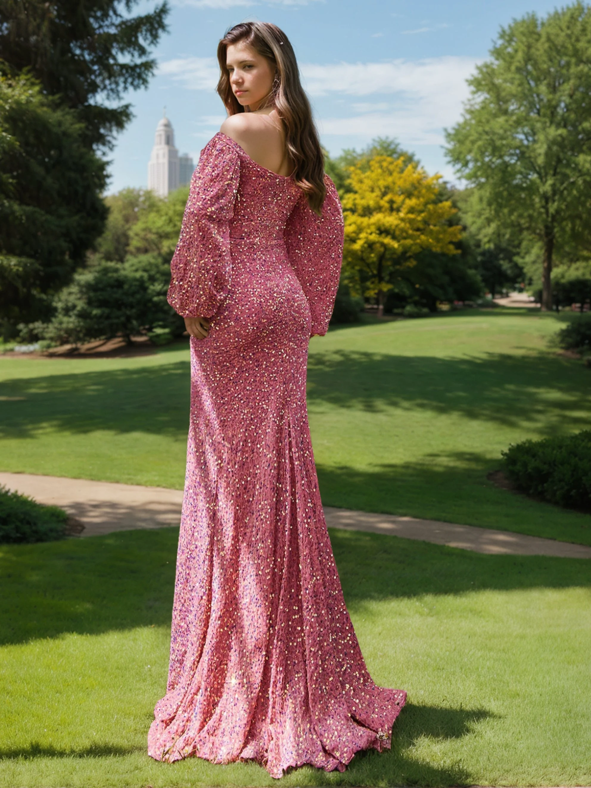 Sheath/Column Off-the-Shoulder Long Sleeves Floor-length Long Prom Evening Dresses With Sequins - Image 2