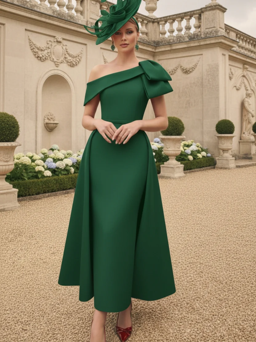 Sheath/Column Off-the-Shoulder Mother of the Bride Dresses Stretch Satin Ankle-Length Sleeveless Watteau Train Bowknot - Image 6