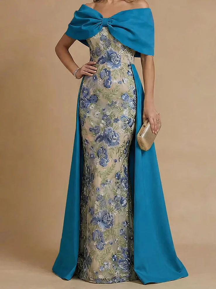 Sheath/Column Off-the-Shoulder Mother of the Bride Dresses Satin Floor-Length Sleeveless Floral - Image 7