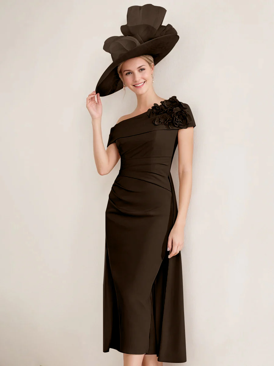 Sheath/Column Off-the-Shoulder Pleated Tea-Length Mother of the Bride Dresses with 3D Flower - Image 15