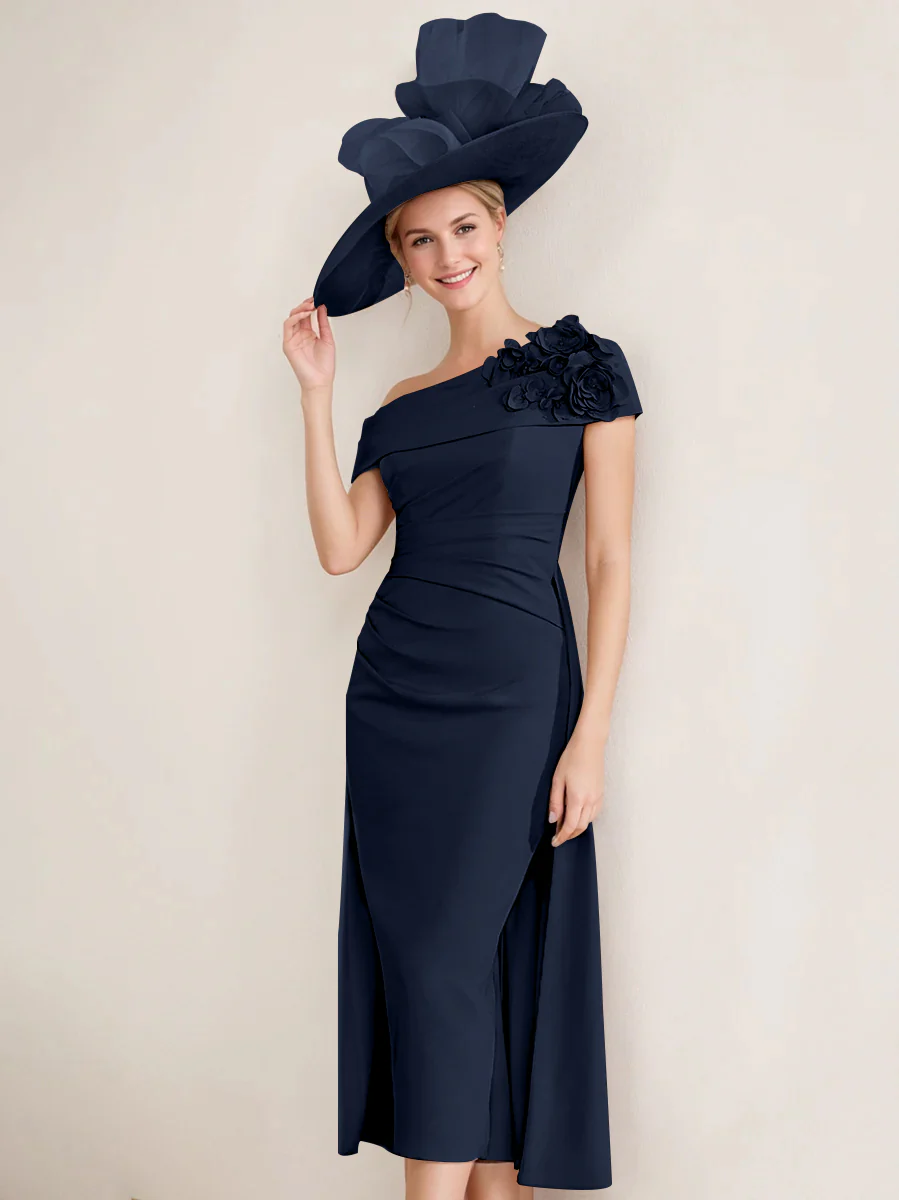 Sheath/Column Off-the-Shoulder Pleated Tea-Length Mother of the Bride Dresses with 3D Flower - Image 25